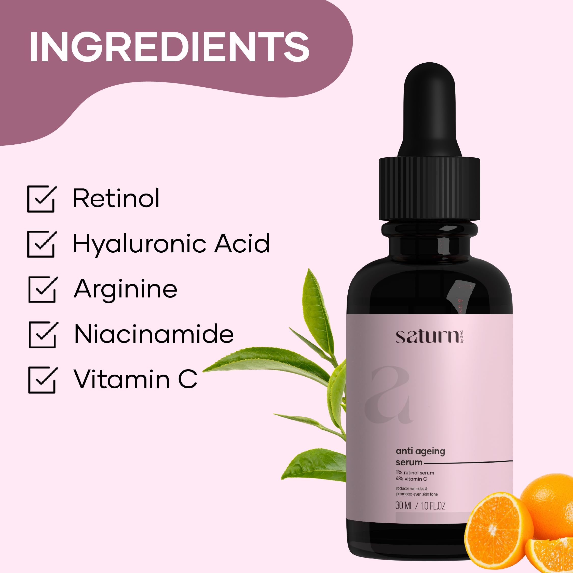 GHC Anti Aging Serum with 1% Retinol, Vitamin C, Niacinamide & Hyaluronic Acid - Night Face Serum to Reduce Fine Lines & Wrinkles - 30ml (Pack of 2) - Perfect for Nighttime Skincare Routine & Anti-Aging Regimen