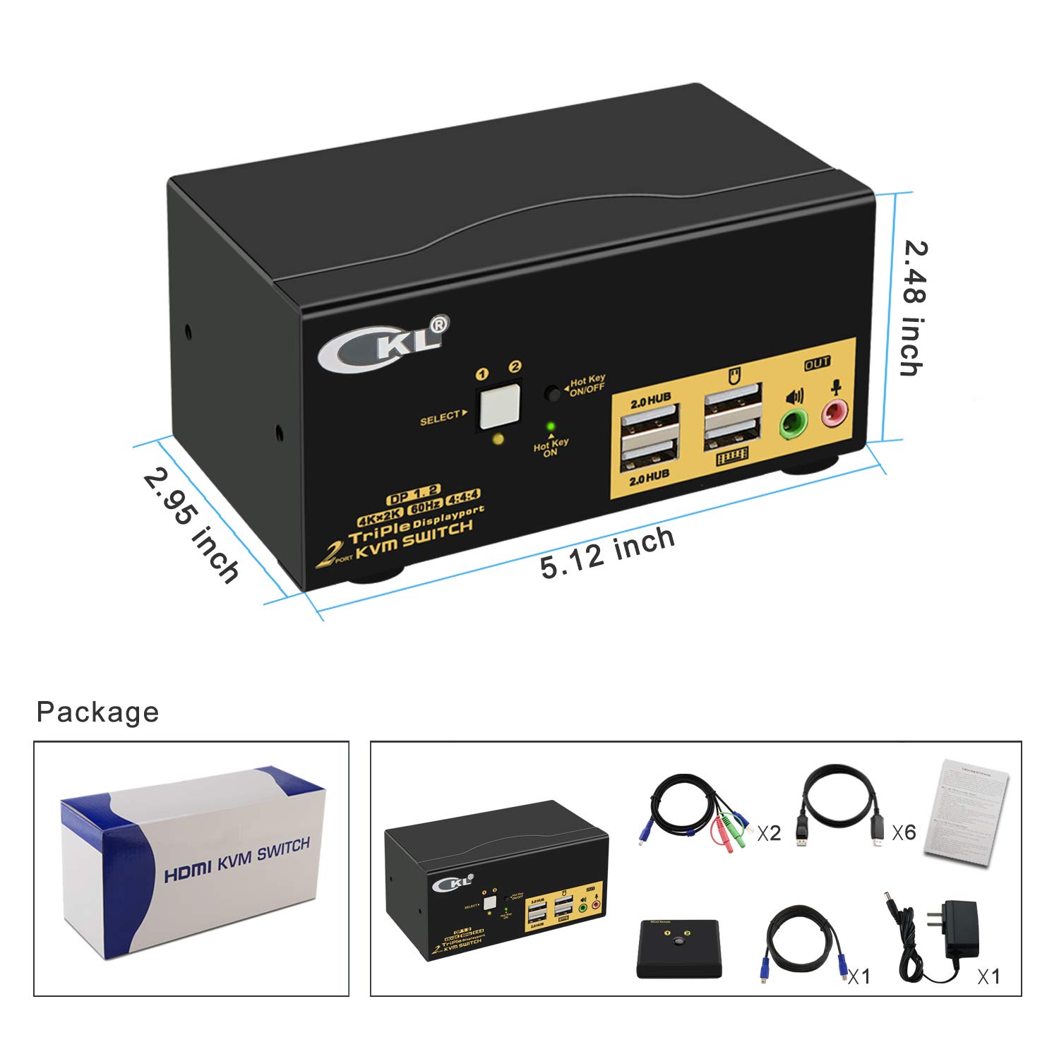 CKL 2 Port KVM Switch for 3 Monitors - 4K 60Hz DisplayPort 1.2, USB 2.0 Hub & Audio Support | Dual Computer Control for Home Office, Gaming & Multi-Tasking Workstations