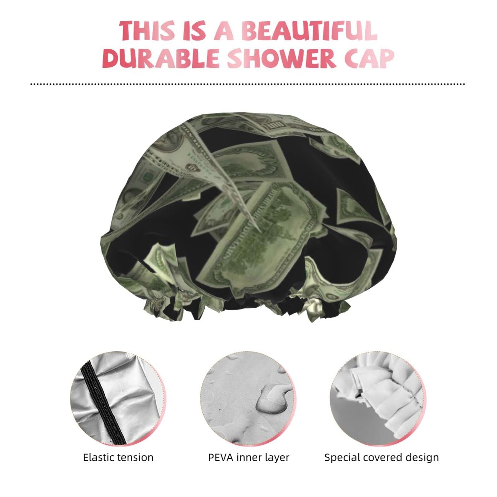 Waterproof Reusable Shower Cap for Women - Dollar Sign Money Print Bath Hair Cap | Double Layer Protection for Shower, Bathing & Spa
