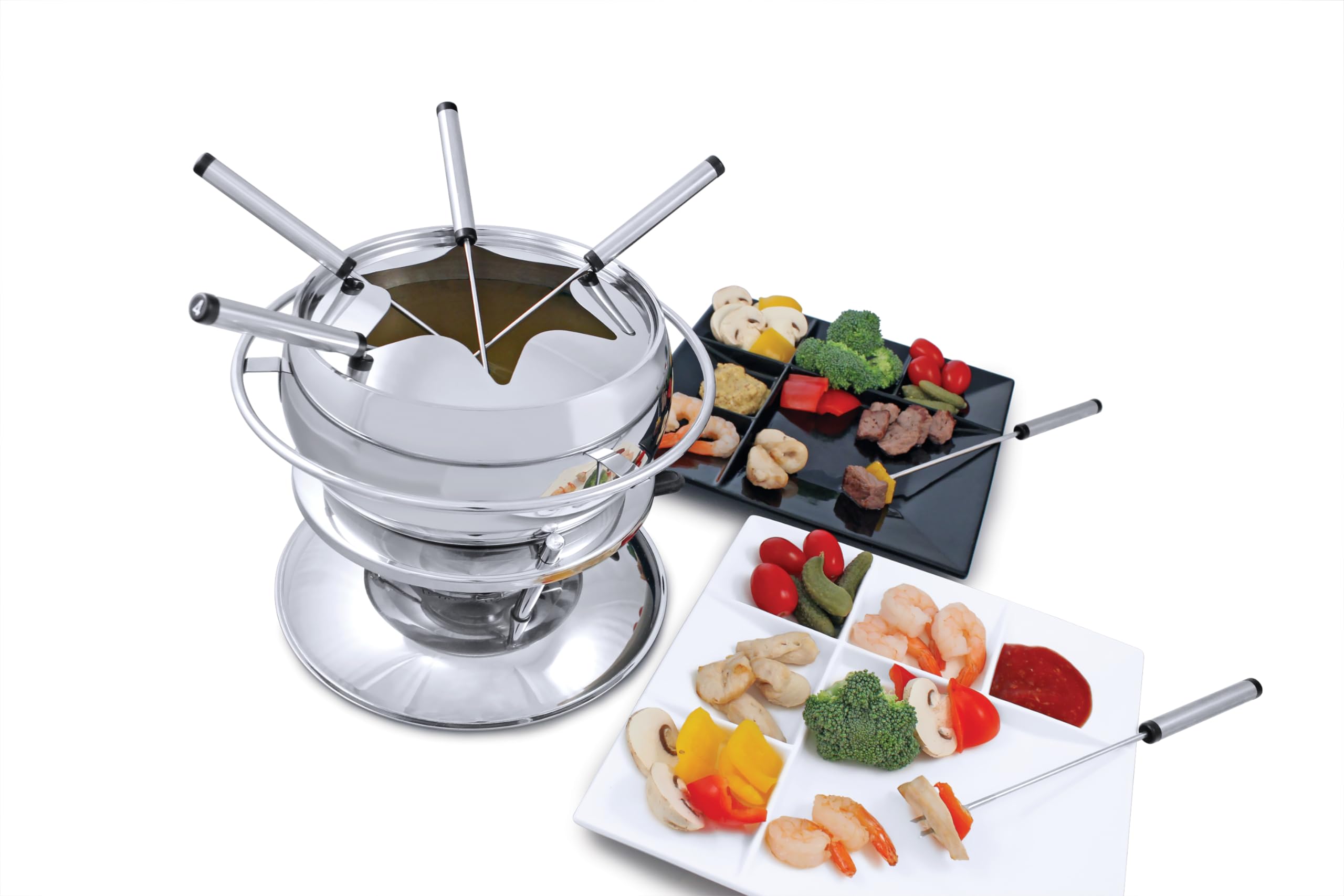 Swissmar Zuri 11-Piece Stainless Steel 3-in-1 Fondue Set for Cheese, Chocolate & Butter - 2.25 Qt (2.2L) Professional Melting Pot - Perfect for Dinner Parties, Romantic Dates & Holiday Gifts - Elegant Wedding & Housewarming Present for Kitchen Lovers