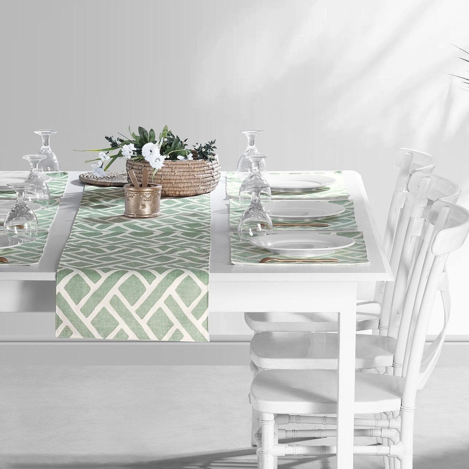 Martinique Aqua Geometric Printed Cotton Table Runner & Placemats Set - Stylish Dining Decor for Dinner Parties, Weddings & Home Decor