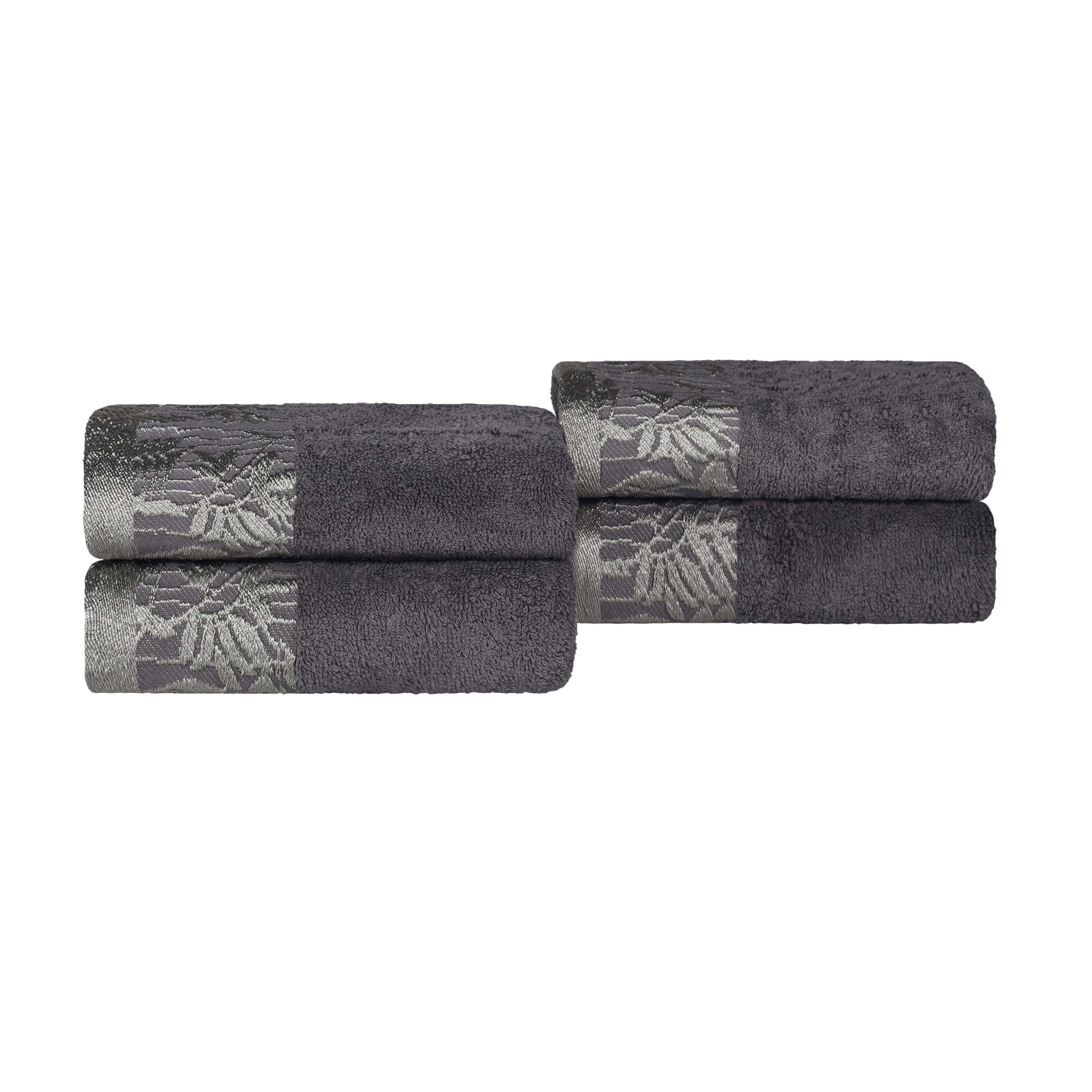 Premium Wisteria Cotton Floral Embroidered Jacquard Border Hand Towels - Set of 4 for Bathroom, Kitchen & Guest Room Decor | Soft & Absorbent Luxury Towel Set