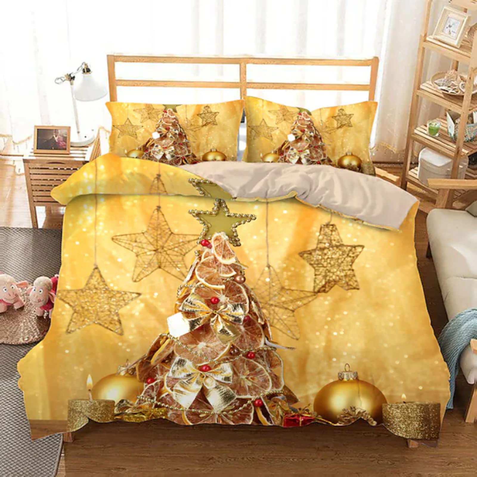 Gold Christmas Tree Duvet Cover Set Queen Size - 3 Piece Luxury Microfiber Bedding Set with 2 Pillow Shams (90x90 Inches) - Festive Holiday Bedroom Decor for Teens & Adults - Perfect for Christmas Decorations & Winter Home Styling