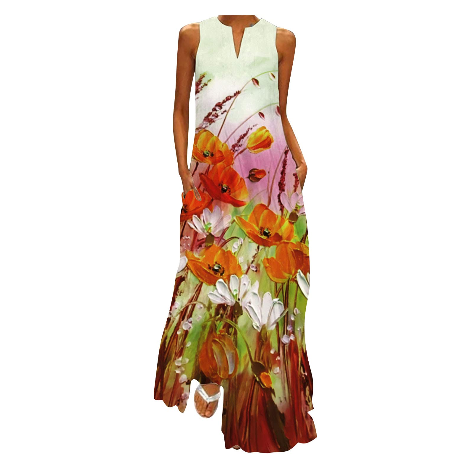 iQKA Women's Summer Casual Sleeveless V-Neck Loose Fit Tank Dress - Beach Party, Vacation, Holiday, Outdoor Wear - Vestidos para Mujer