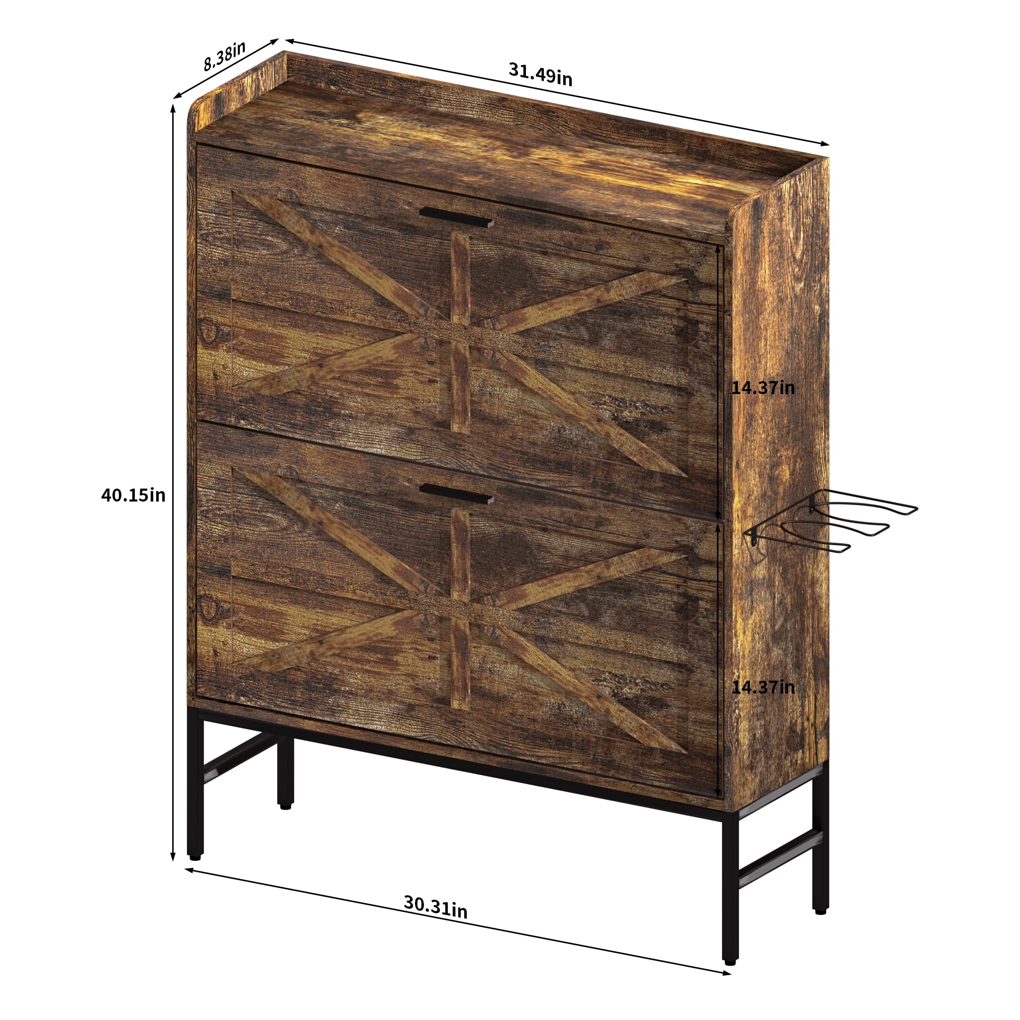Rustic Brown Shoe Cabinet with 2 Flip Drawers & Boot Rack - Narrow Shoe Storage Organizer for Entryway, Foyer, Hallway - Perfect for Small Spaces & Closet Organization