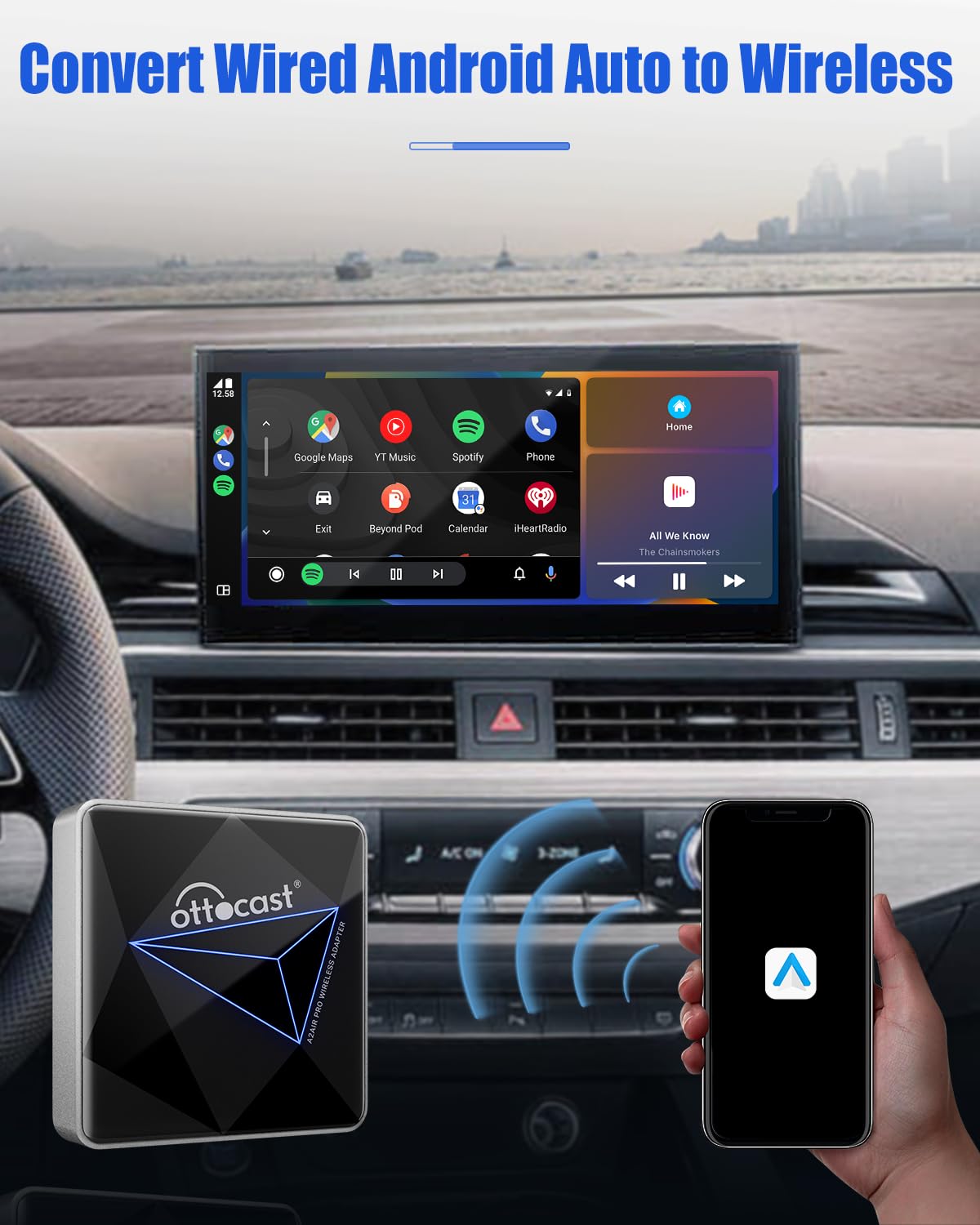 OTTOCAST A2Air Pro Wireless Android Auto Adapter 2023 Upgrade - Convert Wired to Wireless CarPlay for Android Phones, Plug & Play USB Dongle with Fast Connection & Low Latency - Perfect for Commuting, Road Trips and Hands-Free Driving