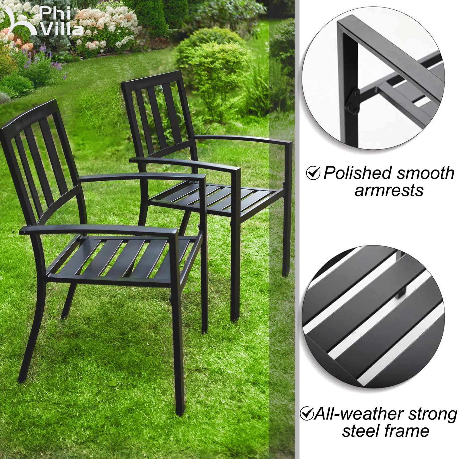 PHI VILLA 3-Piece Outdoor Bistro Set - Slatted Metal Round Table & 2 Chairs - Patio Dining Furniture for Porch, Deck, Garden & Backyard - Perfect for Morning Coffee & Outdoor Entertaining