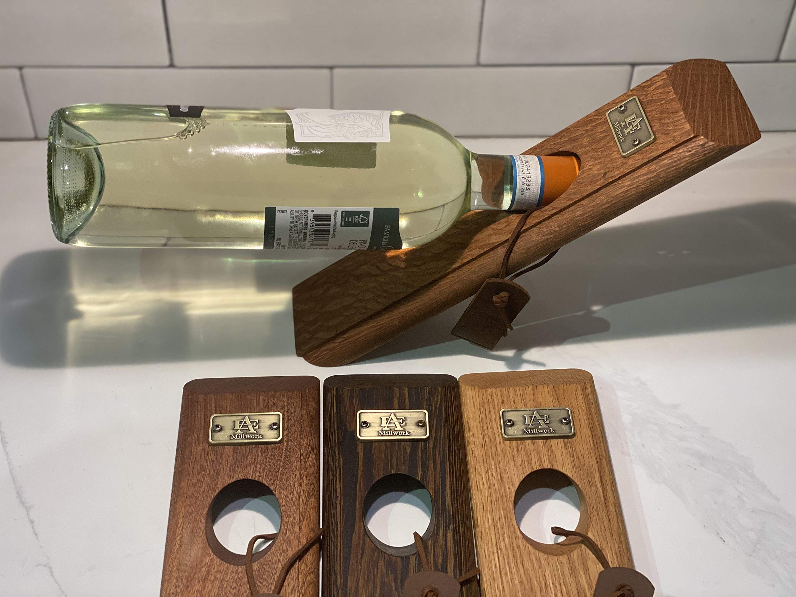Premium Wood Self-Balancing Wine Bottle Holder with Brass Opener - Free Standing Countertop Decor for Kitchen, Bar & Living Room - Handcrafted in USA | Perfect for Wine Storage, Entertaining & Home Decor