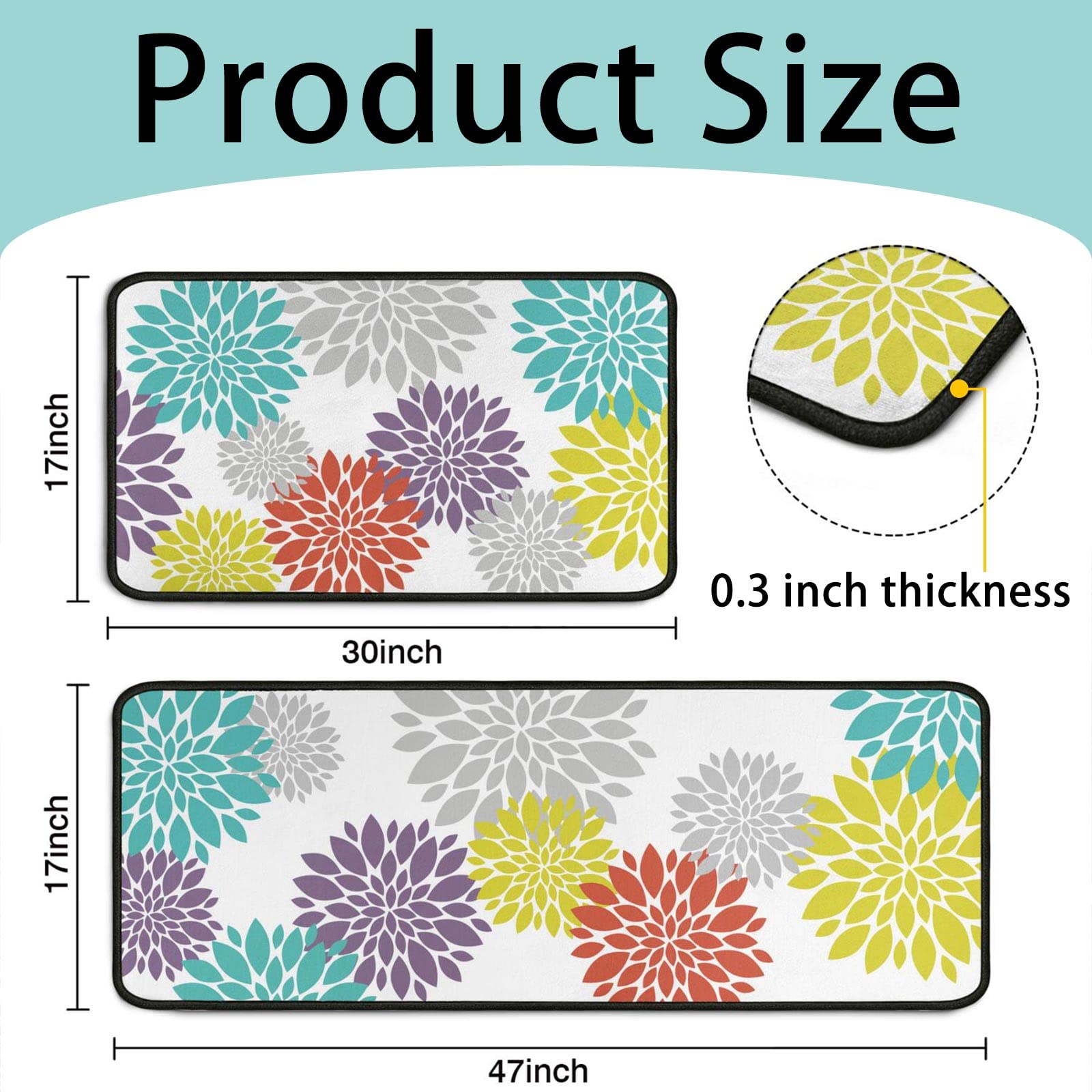 Vibrant Floral Kitchen Rugs Set of 2 - Non-Slip Cushioned Floor Mats, Washable Farmhouse Decor (17