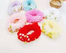 AB Beauty House Fluffy Faux Fur Hair Bands - Soft Elastic Ponytail Holders for Women & Girls (6-Pack, Multi-Color with Rose & Pearls) - Perfect for Daily Wear, Parties, and Gifts
