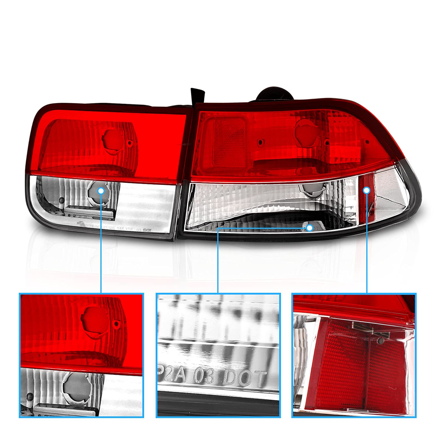 AmeriLite Clear Red LED Brake Tail Lights for 1996-2000 Honda Civic Coupe - 4-Piece Set (Driver & Passenger Side) | Enhanced Visibility & Style for Night Driving & Car Customization