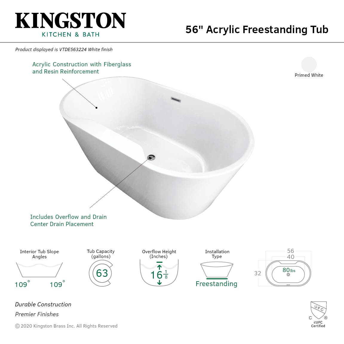 Aqua Eden VTDE563224 56 Inch Acrylic Freestanding Bathtub with Drain - Luxury Soaking Tub for Spa, Bathroom, and Relaxation at Home