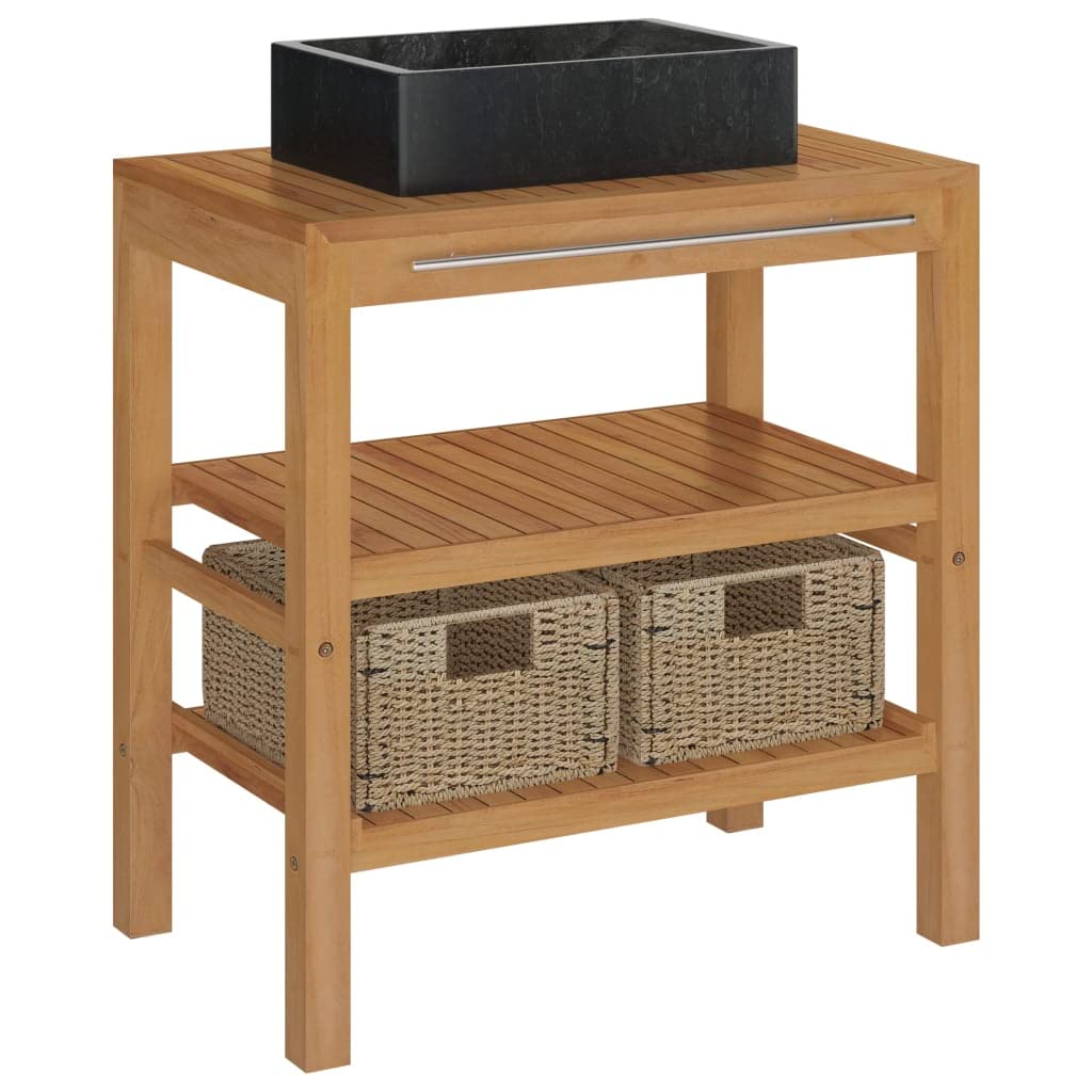 Premium Handmade Solid Teak Bathroom Vanity with Marble Sink & Storage Baskets | Modern Black Bathroom Furniture | Perfect for Small Bathrooms, Powder Rooms & Master Bath Suites