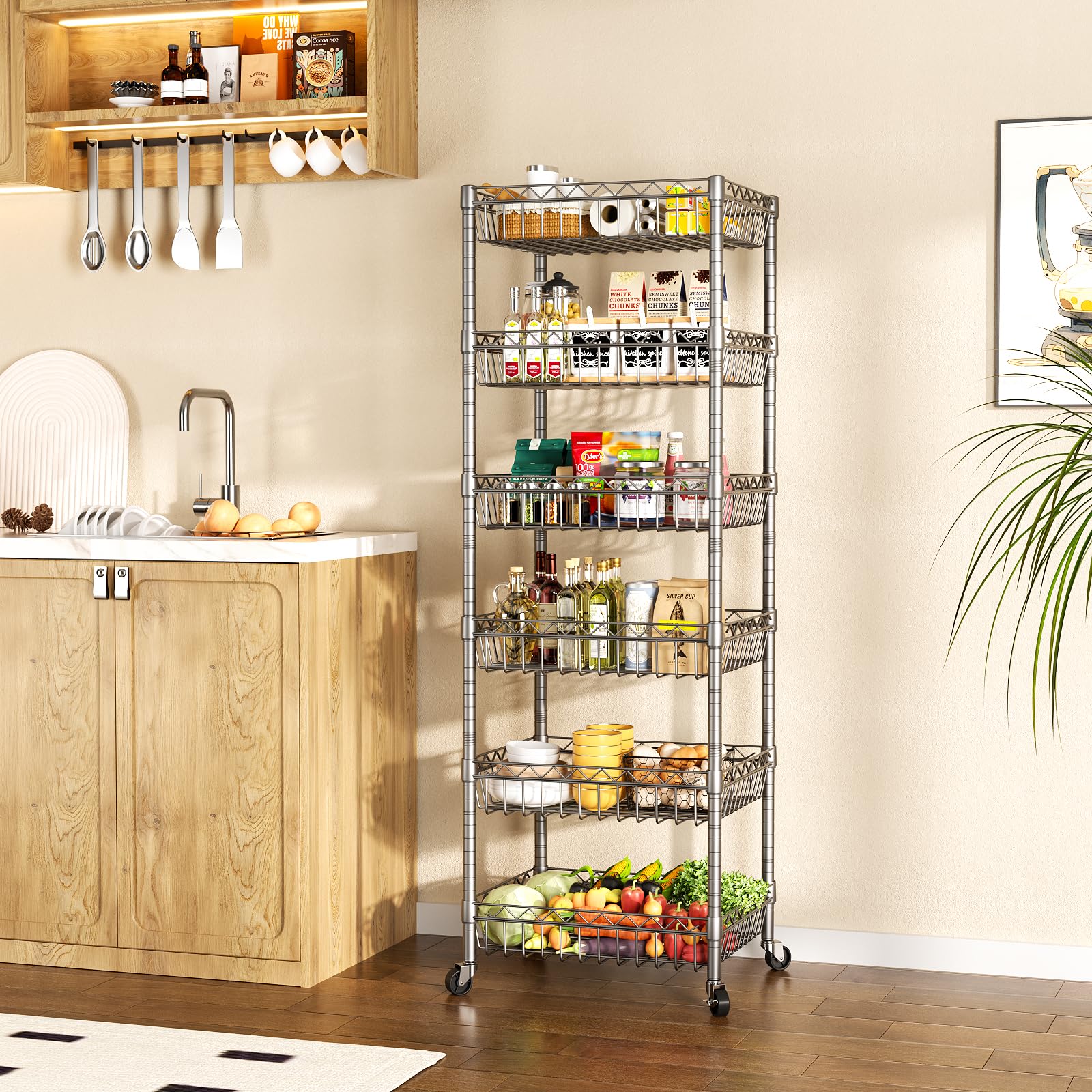 6-Tier Adjustable Wire Shelving Unit with Baskets - 13.5