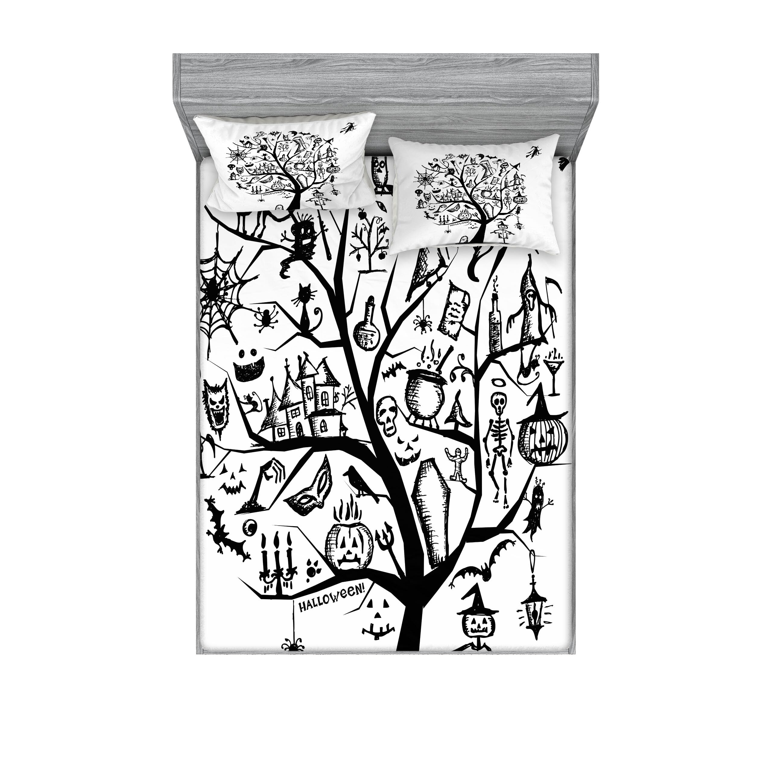 Ambesonne Halloween Fitted Sheet & Pillow Sham Set - Spooky Tree & Witch Broom Abstract Print, 3-Piece Black & White Bedding Set for Full Size Beds | Perfect for Halloween Decor, Themed Parties & Cozy Seasonal Bedroom Makeovers