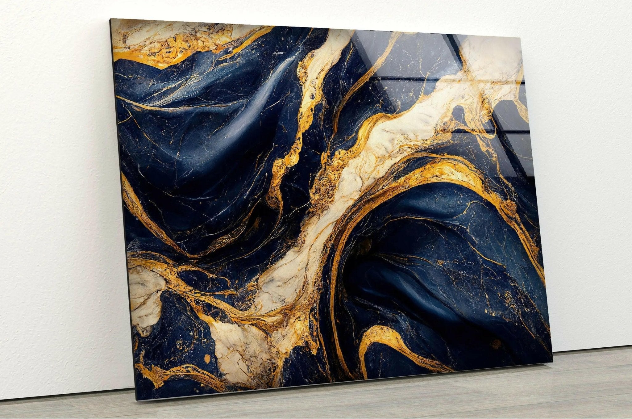 Abstract Marble Dark Blue and Gold Glass Wall Art - Modern Home Decor for Living Room, Bedroom & Office - Elegant Handmade Glass Painting for Wall Display