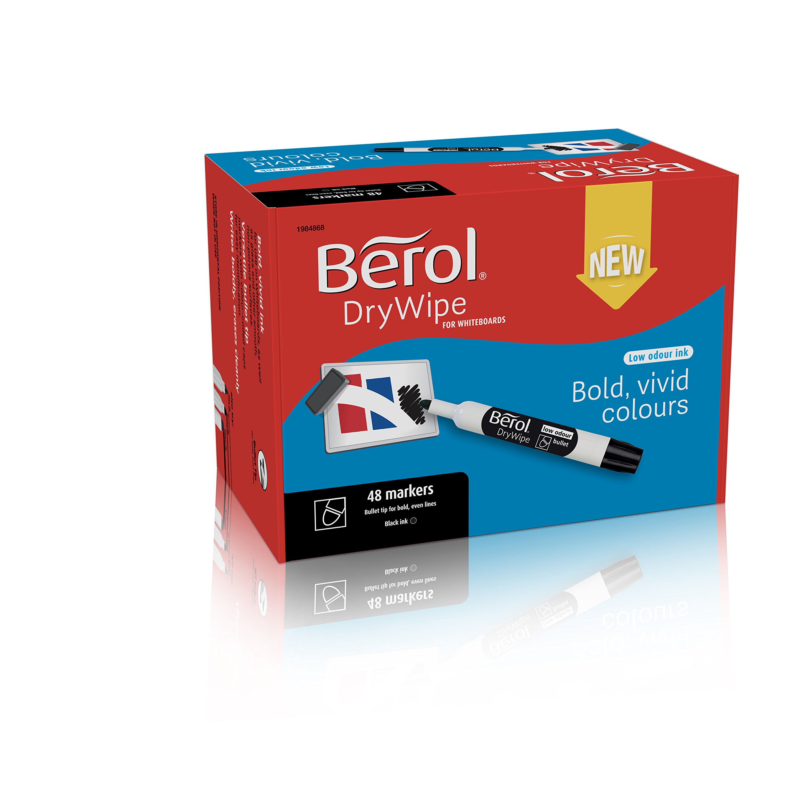 Berol Dry Erase Whiteboard Markers - 48 Pack with Bullet Tip & Low-Odour Black Ink | Ideal for Classrooms, Offices & Home Use | Non-Toxic DryWipe Markers for Whiteboards, Glass & More