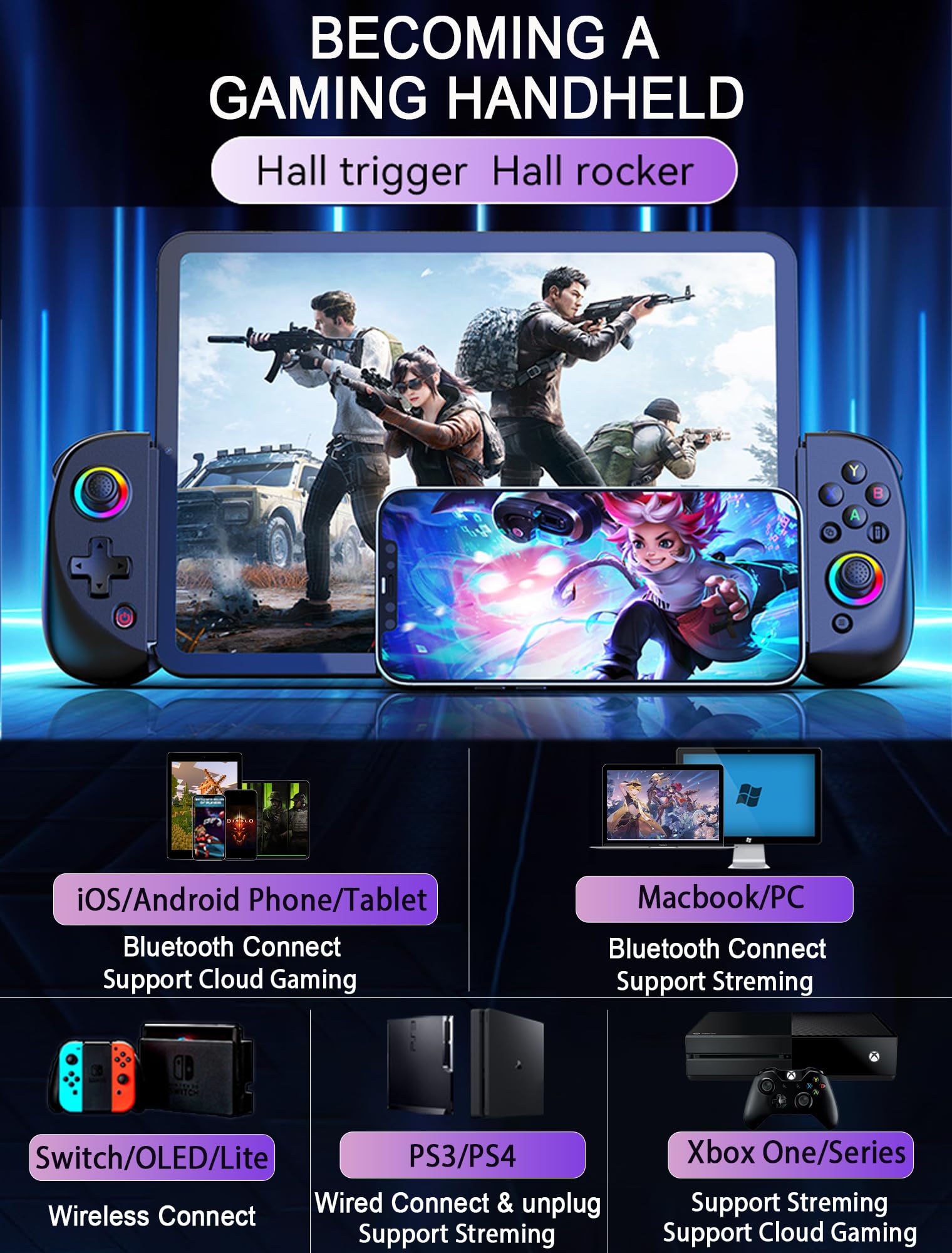 Wireless Bluetooth Game Controller for iPad, iPhone, Android, PC, Switch, PS3, PS4 - RGB Backlit Joystick with Turbo Function | Compatible with Mobile Cloud Gaming & PS/Xbox/PC Streaming | Perfect for iPhone 16/15 Pro Max & Gaming Enthusiasts | Ideal for Fortnite, Call of Duty Mobile & Console Gaming Sessions (Black)
