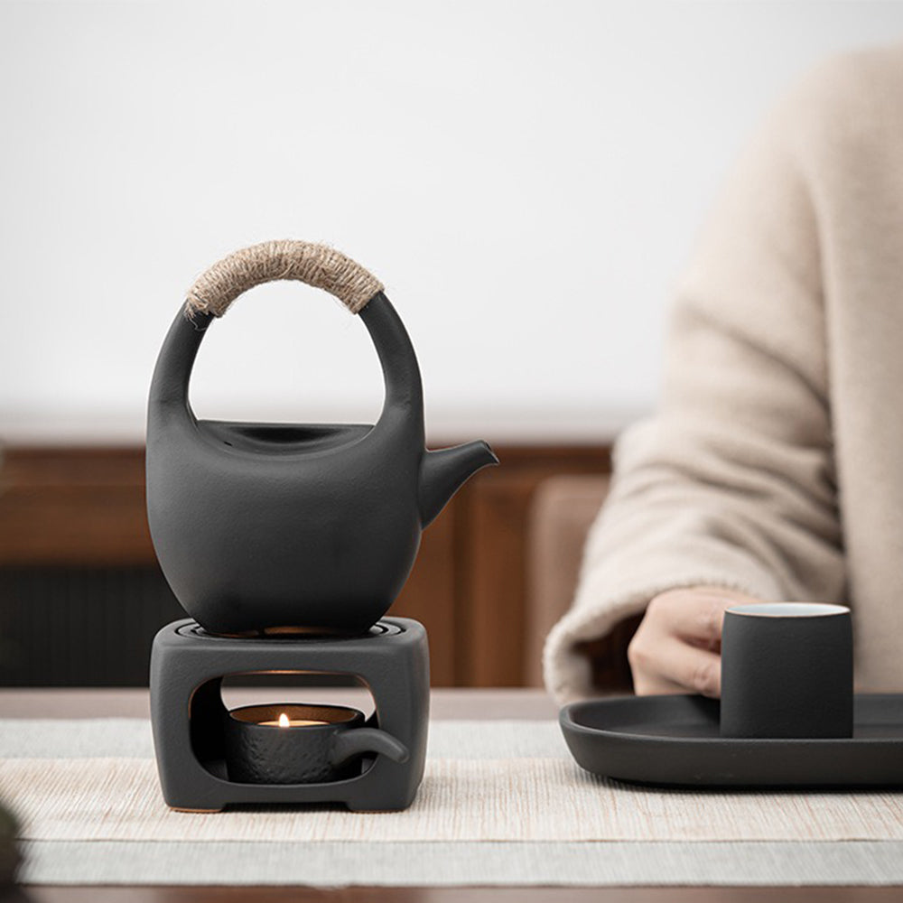 Premium Japanese Black Pottery Tea Set with Warmer - Traditional Handcrafted Ceramic Teapot & Cups - Perfect for Matcha, Green Tea & Home Tea Ceremonies