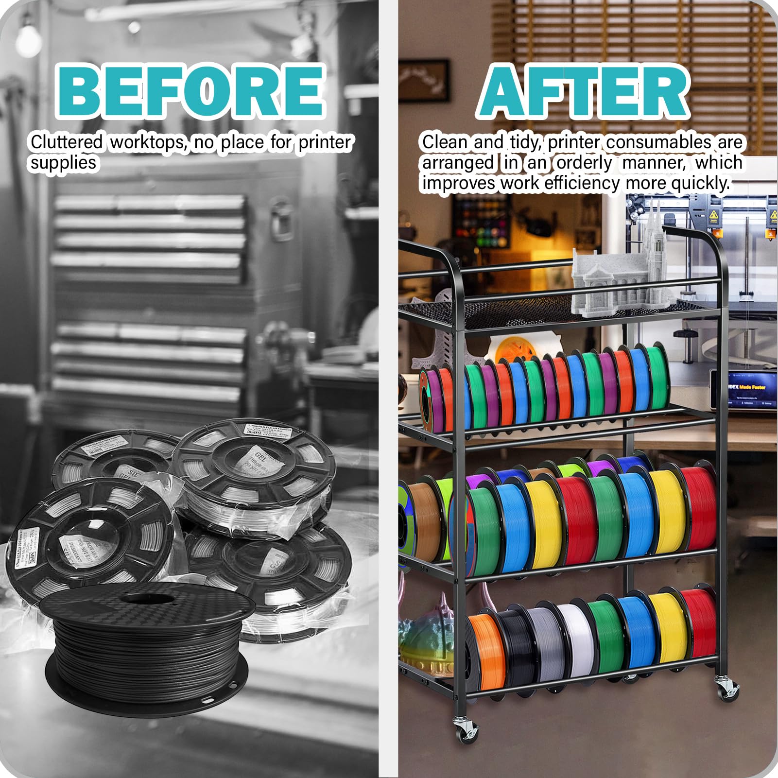 4-Layer Heavy-Duty Metal Filament Rack for 3D Printers - Adjustable Large Capacity Spool Holder with Rolling Wheels | Perfect for PLA, TPU Filament Storage in Home Studios & Maker Spaces