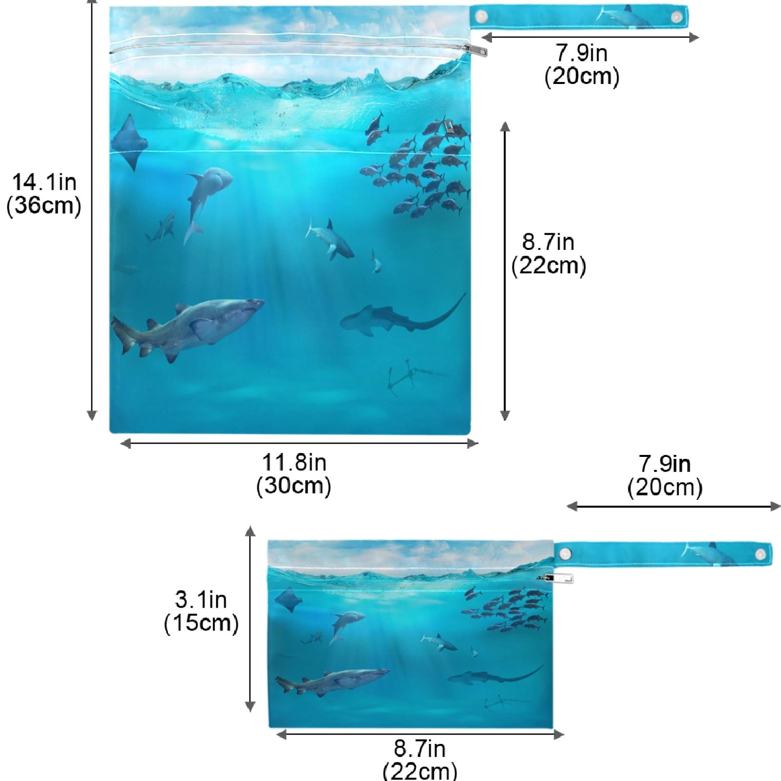 Visesunny Sea Shark 2-Pack Waterproof Wet Bags with Zipper Pockets - Reusable & Washable Storage for Swimsuits, Gym Clothes, Diapers & Toiletries - Perfect for Travel, Beach, Pool, Daycare & Stroller Organization