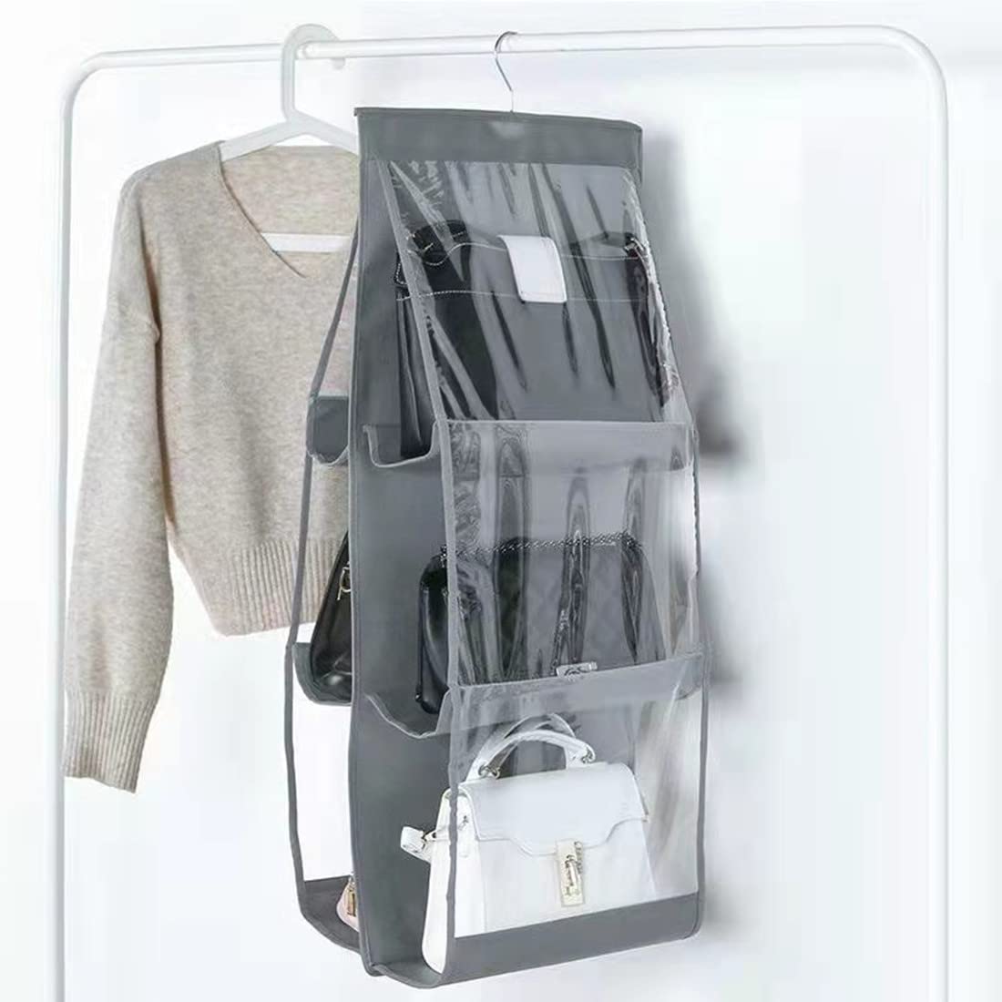 Hanging Purse Organizer with 6 Large Clear Pockets - Dustproof Handbag Storage Holder for Closet & Wardrobe - Space Saving Hanger for Purses (Grey) - Perfect for Home, Office & Travel Organization
