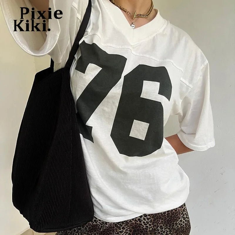 Y2K Baggy Graphic Tee for Women - Oversized V-Neck Short Sleeve T-Shirt | Street Fashion Casual Summer Top | Perfect for Music Festivals, Beach Outings & Everyday Wear
