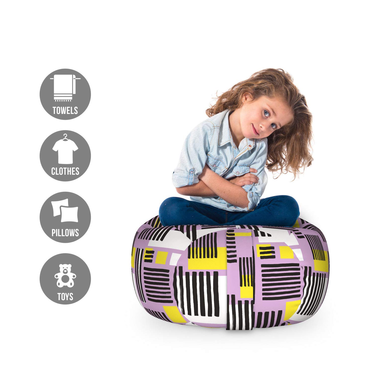 Ambesonne Geometric Storage Toy Bag Chair - Modern Abstract Pattern with Grunge Stripes & Squares - Washable Stuffed Animal Organizer for Kids Room - Small Size Lilac Charcoal Grey - Perfect for Nursery, Playroom & Bedroom Storage