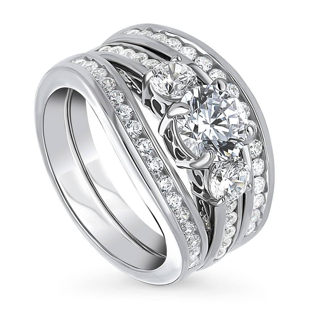 BERRICLE Sterling Silver 3-Stone Wedding & Engagement Ring Set - 1 Carat Round Cut Cubic Zirconia CZ for Women - Rhodium Plated, Size 4-10 - Perfect for Proposals, Anniversaries & Bridal Jewelry