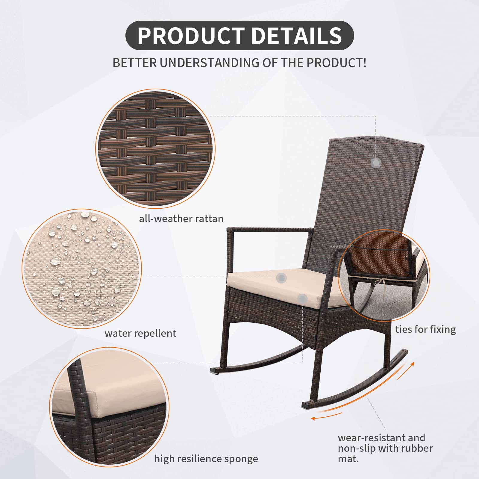 Outdoor PE Wicker Rocking Chair Set - 3-Piece Patio Furniture with 2 Rocking Armchairs & Glass Coffee Table, Washable Rattan Cushions (Khaki) - Perfect for Garden, Porch, and Backyard Relaxation