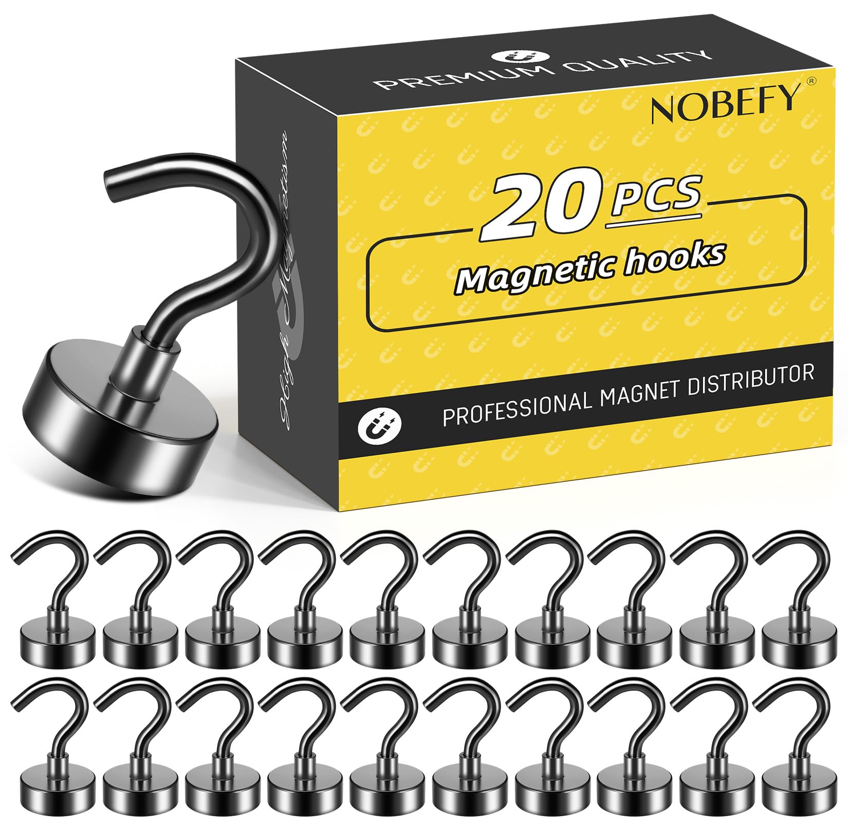 20 Pack Heavy Duty Black Magnetic Hooks - 25Lbs for Kitchen, Garage, Office
