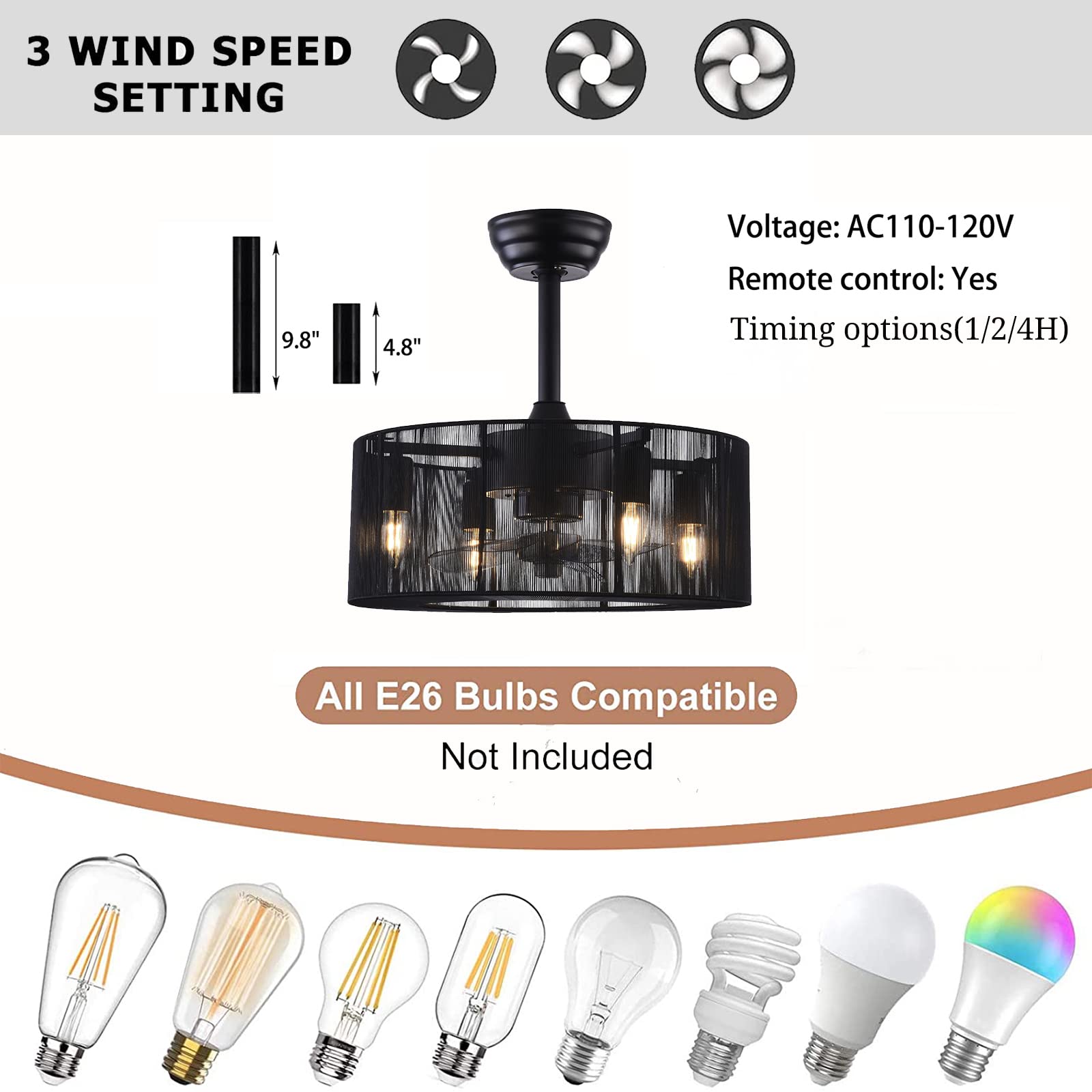 18'' Black Caged Ceiling Fan with Lights & Remote Control - 3 Speed Adjustable, 4-Light Farmhouse Style, Semi-Flush Mount for Low Ceilings - Perfect for Indoor Living Room, Bedroom, Kitchen & Patio Use