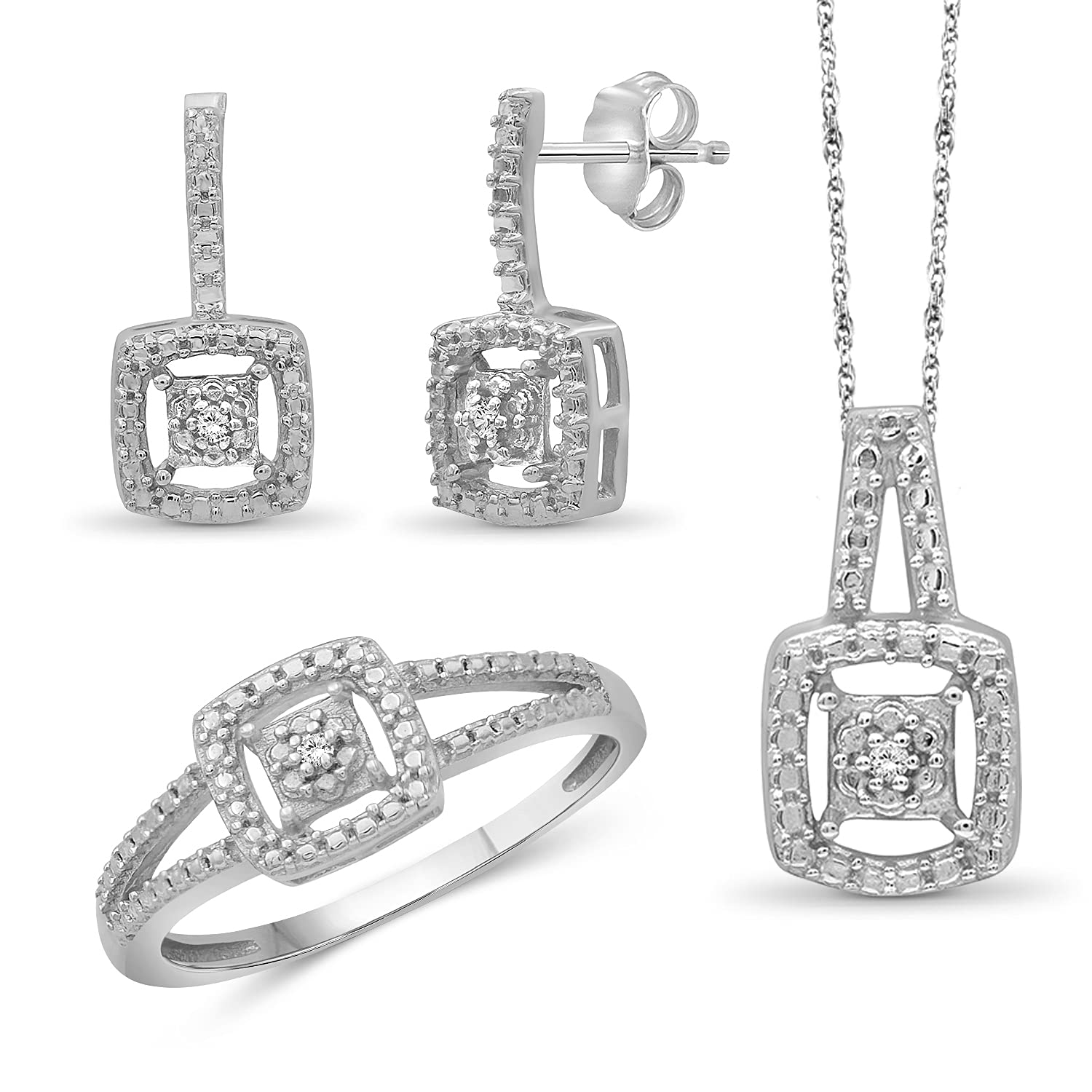 JEWELEXCESS 3-Piece White Diamond Sterling Silver Jewelry Set - Square Shaped Earrings, Necklace & Rings for Women - Elegant Gift for Birthday, Anniversary & Special Occasions - Perfect for Parties, Weddings & Everyday Wear