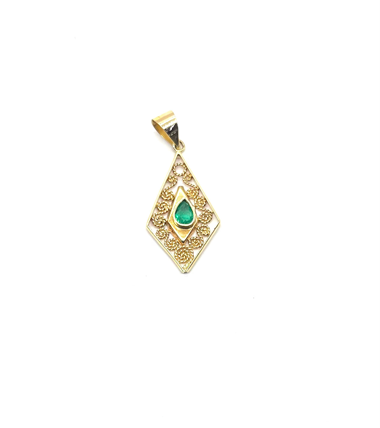 Vintage 18k Gold Filigree Bezel Set Pear Shaped Emerald Pendant Necklace - Elegant Jewelry Gift for Women, Perfect for Weddings, Anniversaries & Special Occasions