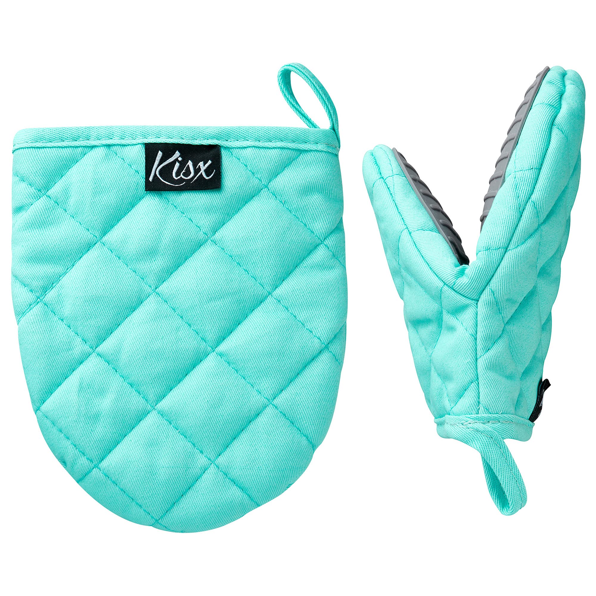 Heat Resistant Silicone Oven Mitts & Pot Holders Set - Aqua Color Mini Kitchen Gloves for Cooking, Baking, Grilling - Non-Slip Protection for Hot Pans, Dishes & Cookware
