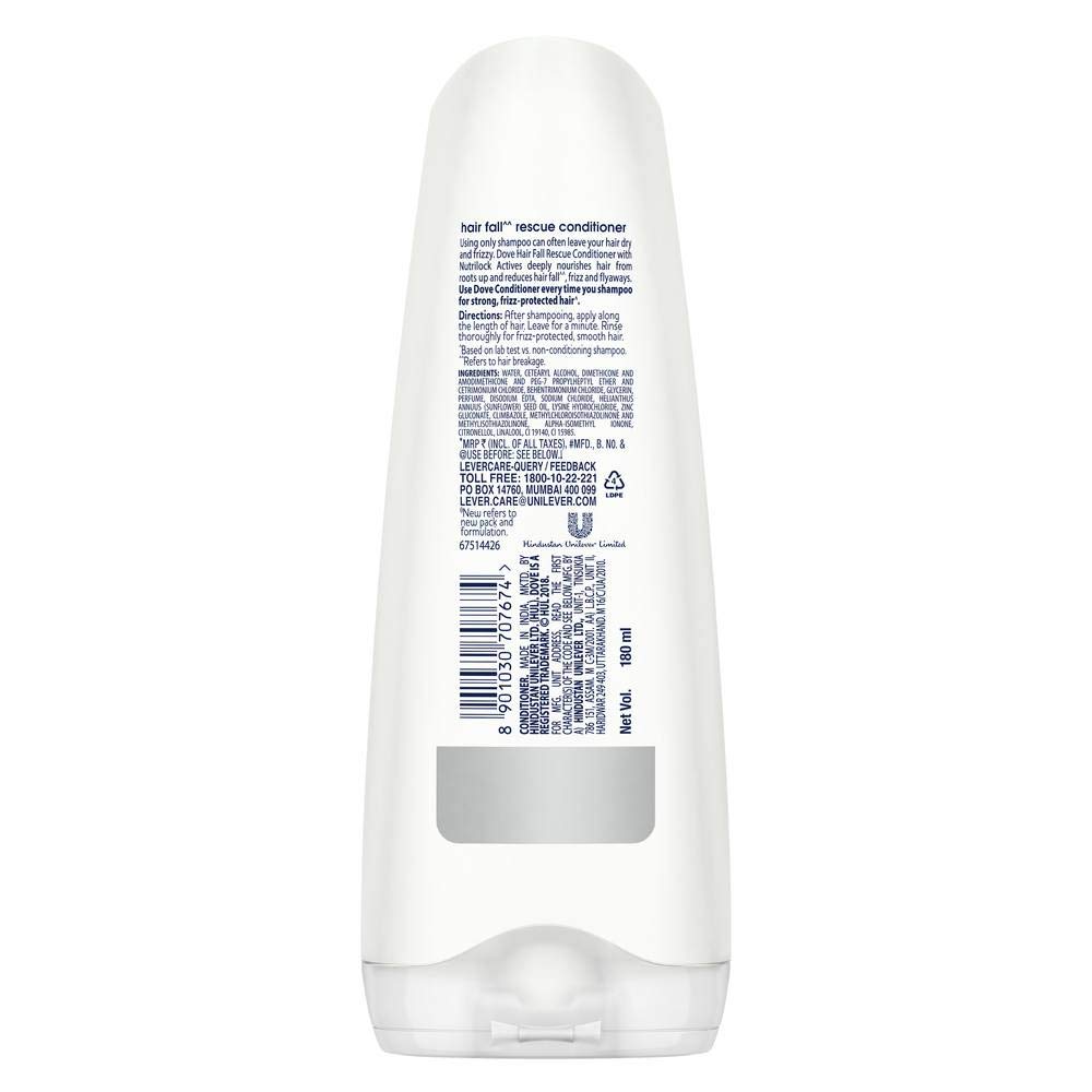 Dove Hair Fall Rescue Conditioner & Dryness Care Conditioner, 180ml - Reduce Hair Loss & Hydrate Dry Hair for Healthy, Strong Locks - Perfect for Daily Hair Care Routine & Damaged Hair Treatment