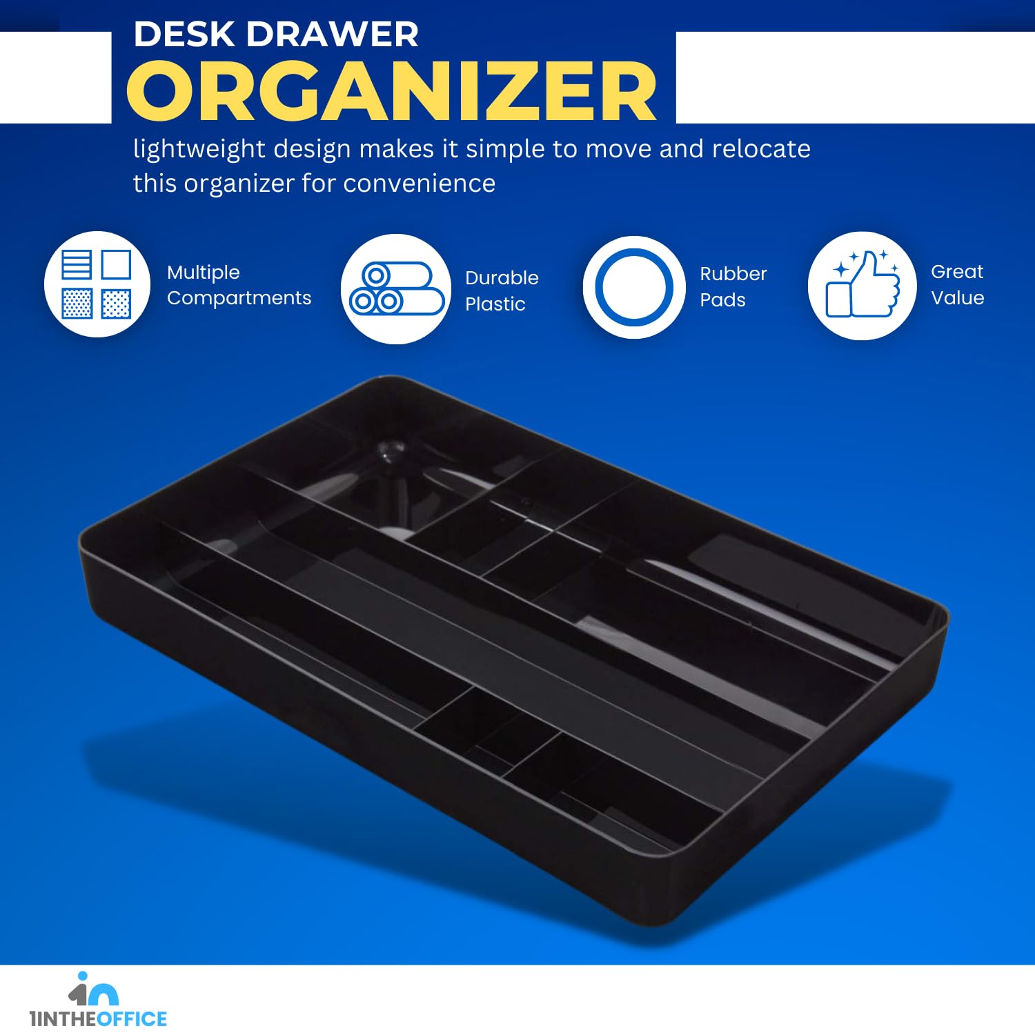 1InTheOffice 7-Compartment Desk Drawer Organizer Tray - Black Plastic Storage Solution (14.13