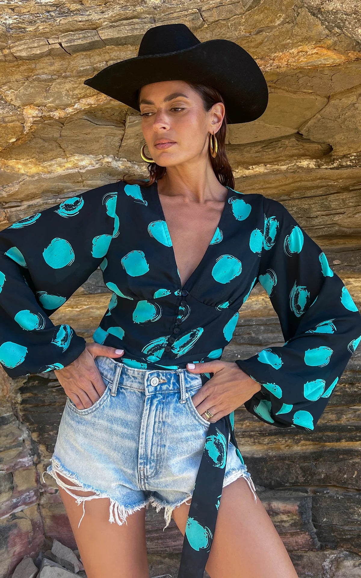 Joanie Tie Top - Green on Black Dot Floral Print Women's Blouse for Casual Wear, Office & Date Night