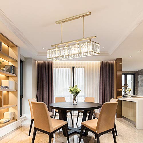 LITFAD Modern Rectangle Pendant Light - 4-Light Gold Metal Chandelier with Clear Crystal LED Hanging Fixture for Living Room, Dining Room, Restaurant & Bar | Elegant Lighting for Home Decor and Commercial Spaces
