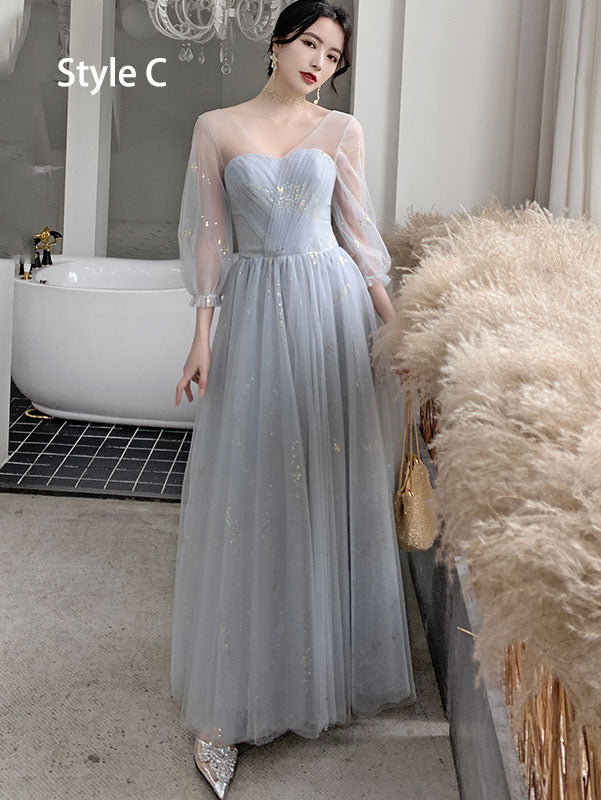 Elegant Shimmer Gray Ankle-Length Tulle Bridesmaid Dress for Wedding & Prom - Perfect for Formal Events, Evening Parties & Special Occasions