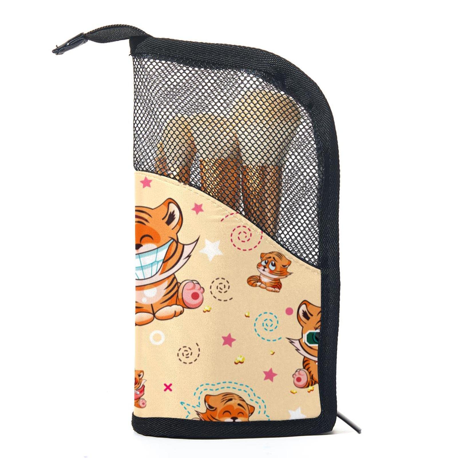 Floral Happy Tiger Makeup Brush Organizer Bag with 12 Brushes - Portable Makeup Brush Holder Case for Travel & Home Storage