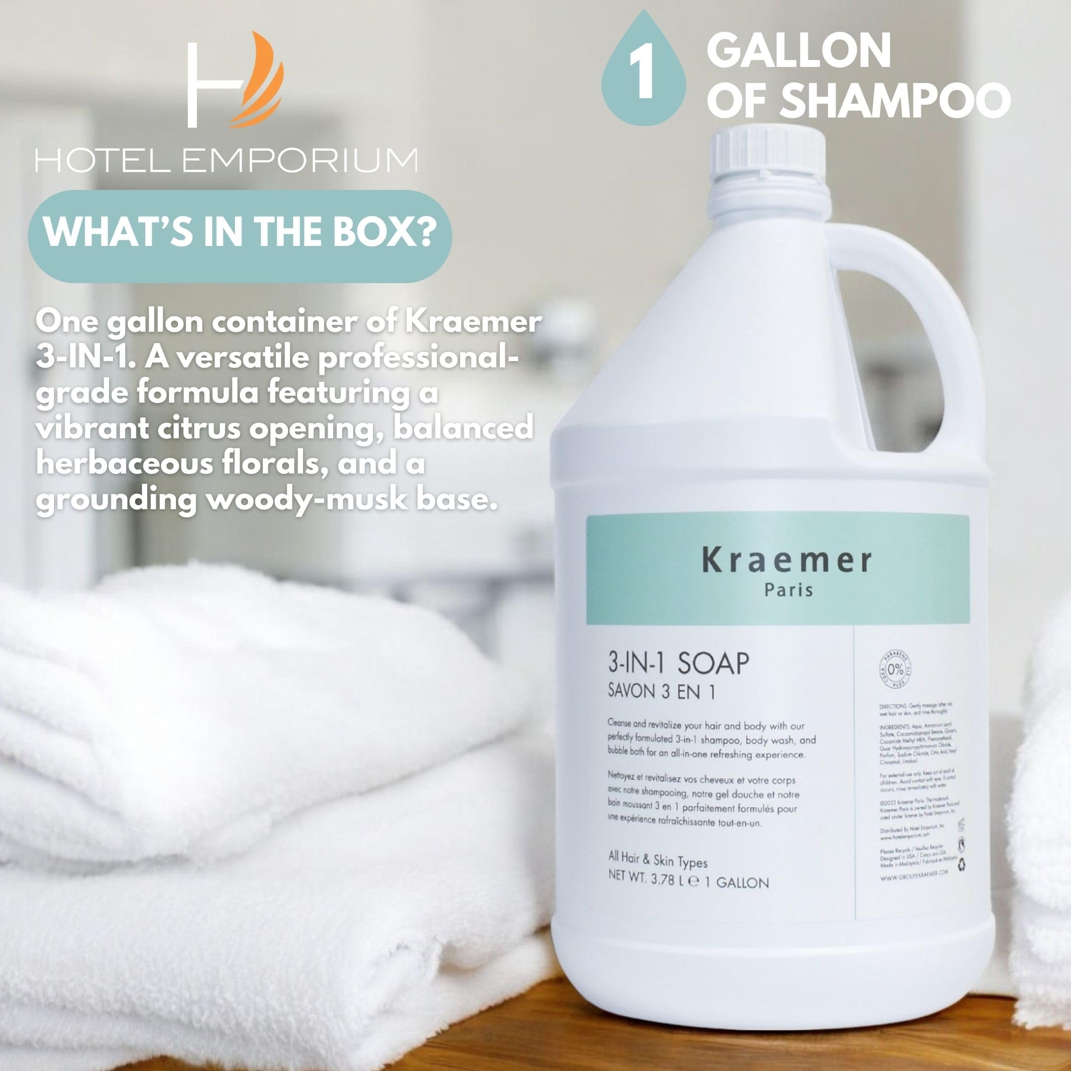 Kraemer Paris 3-in-1 Gallon Shampoo & Body Wash - All Hair Types, Bulk Refill for Hotels, Airbnbs, Gyms & Vacation Rentals | Salon Quality, 3.78L, Cruelty-Free | Perfect for Hospitality Industry & Commercial Use