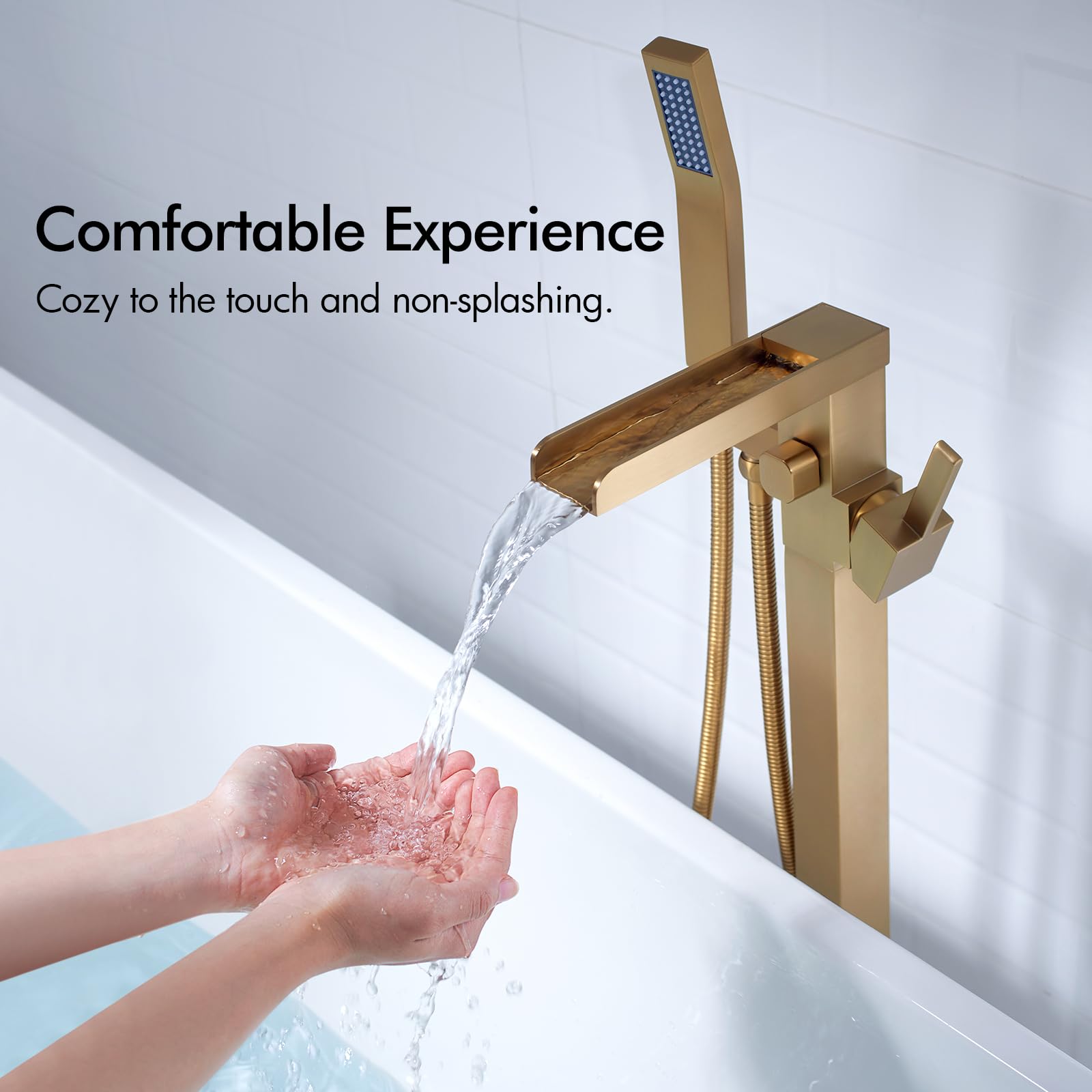 Premium BAGNOLUX Floor Mount Bathtub Faucet - Single Handle Brass Tub Filler with Hand Shower, Waterfall Style (Brushed Brass) - Perfect for Modern Bathroom & Spa Retreats