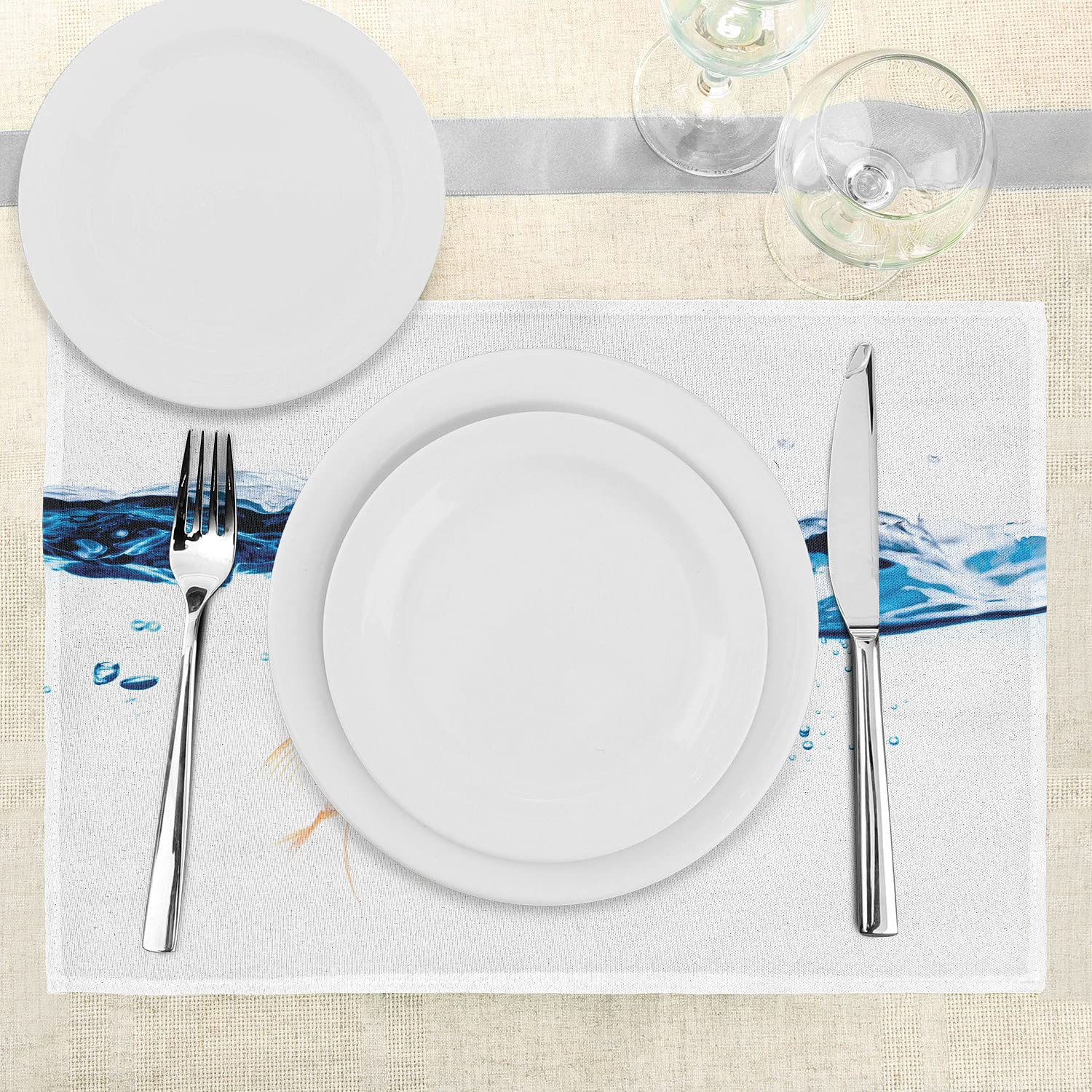 Ambesonne 4-Piece Fish Placemats Set - Goldfish Swimming in Clear Water Bowl Abstract Design, Washable Fabric Table Mats for Dining Room & Kitchen Decor (Blue & Orange) - Perfect for Dinner Parties, Family Gatherings & Aquarium-Themed Events