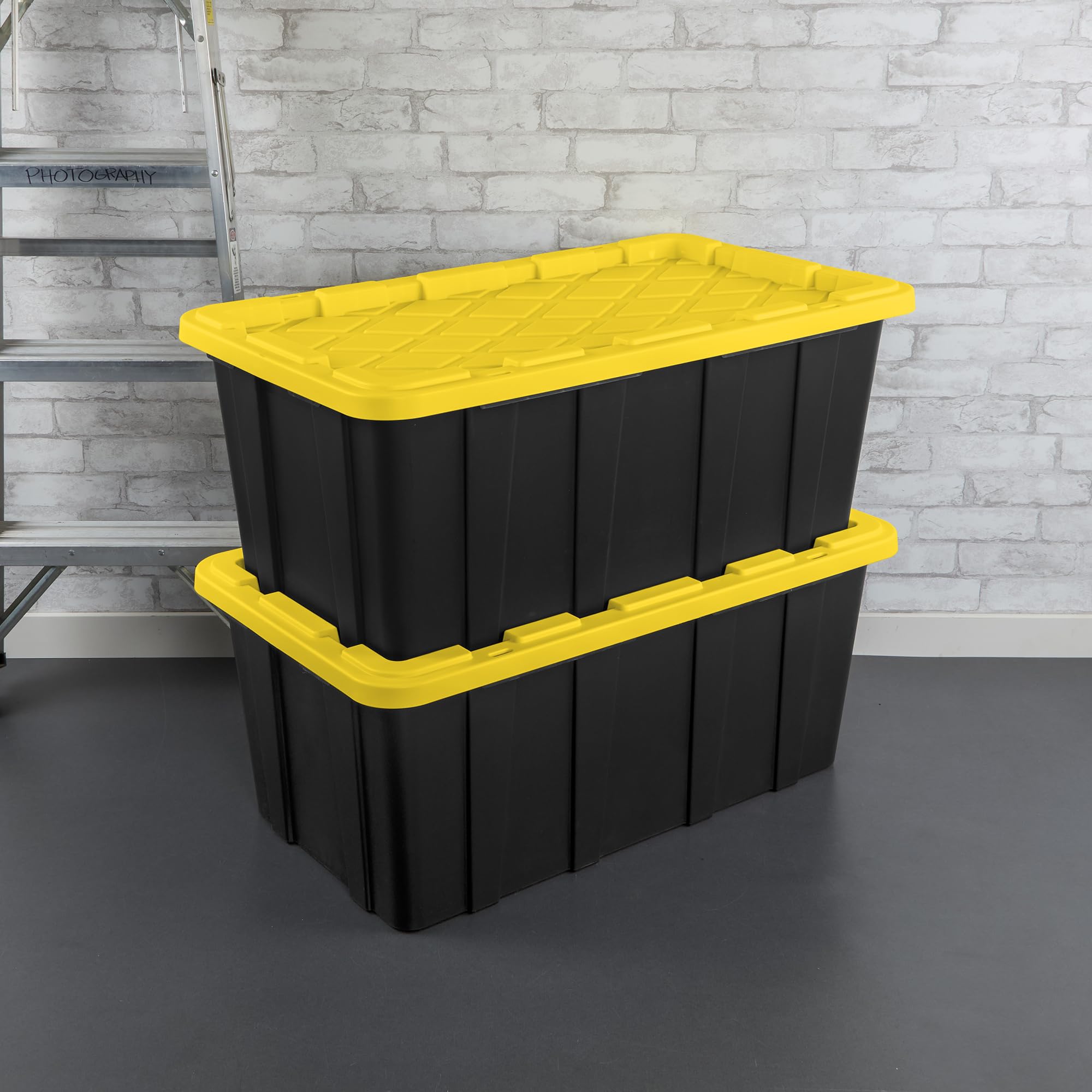 Sterilite 4-Pack 38 Gallon Heavy Duty Stackable Storage Bins with Lids - Black & Yellow - Perfect for Home Organization, Garage Storage, and Moving Supplies