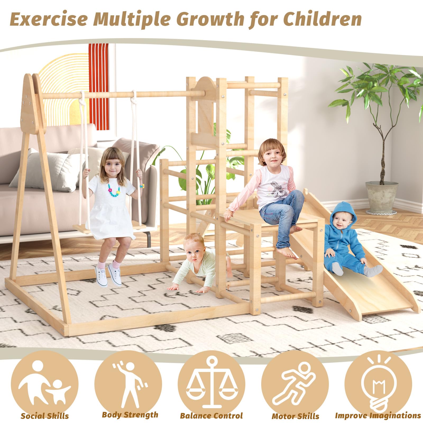 Montessori Wooden Climber Playset with Slide & Swing - Indoor Jungle Gym for Toddlers | Safe & Sturdy Toddler Climbing Toys for Home Playroom, Daycare & Preschool Development