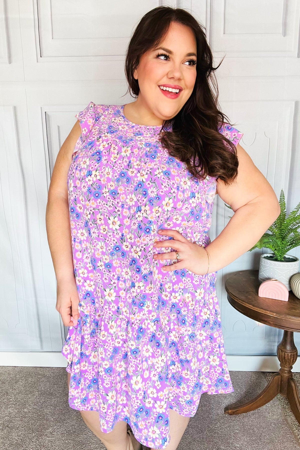 Elegant Lilac Floral Tiered Ruffle Sleeve Woven Dress for Women | Summer Wedding Guest Outfit | Garden Party & Date Night Dress