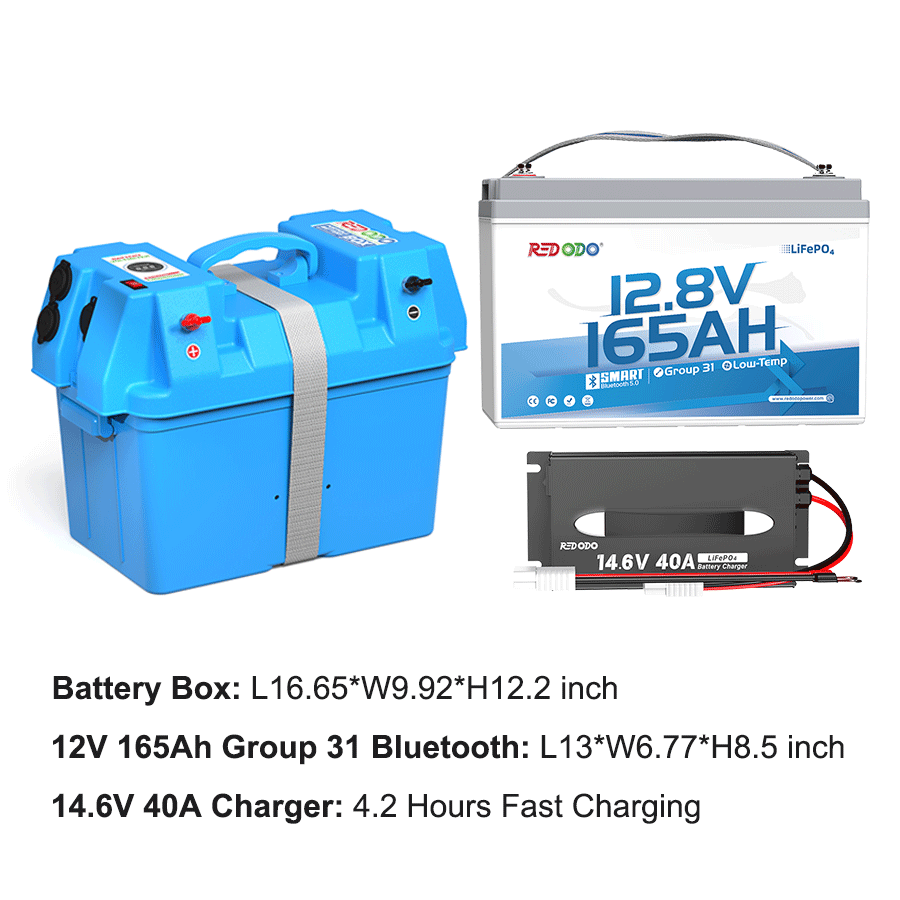 Redodo 12V 165Ah Group 31 Bluetooth Lithium Battery - Deep Cycle for RV, Marine, Solar Power - Perfect for Off-Grid Living & Emergency Backup Power