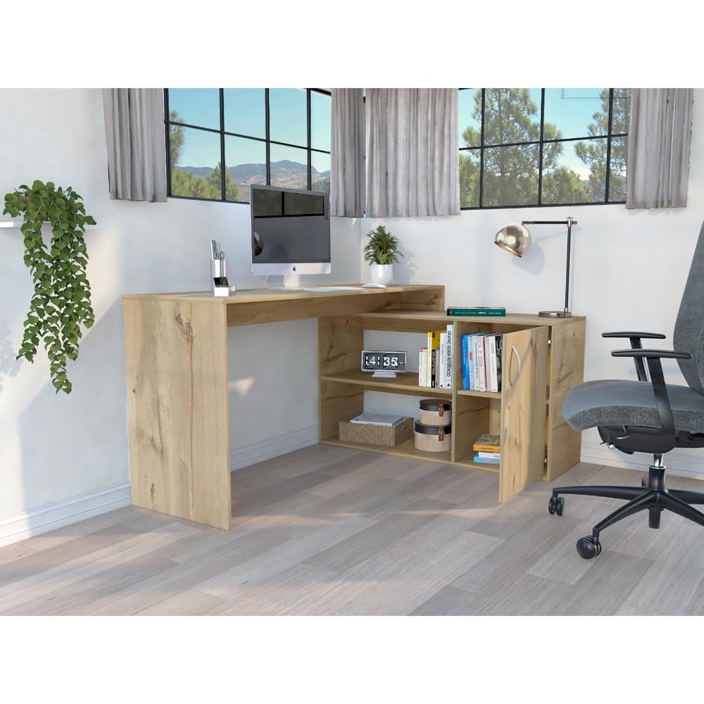 Modern L-Shaped Computer Desk with Open & Closed Storage - Light Oak Finish Home Office Desk for Small Spaces, Gaming & Workstation Setup