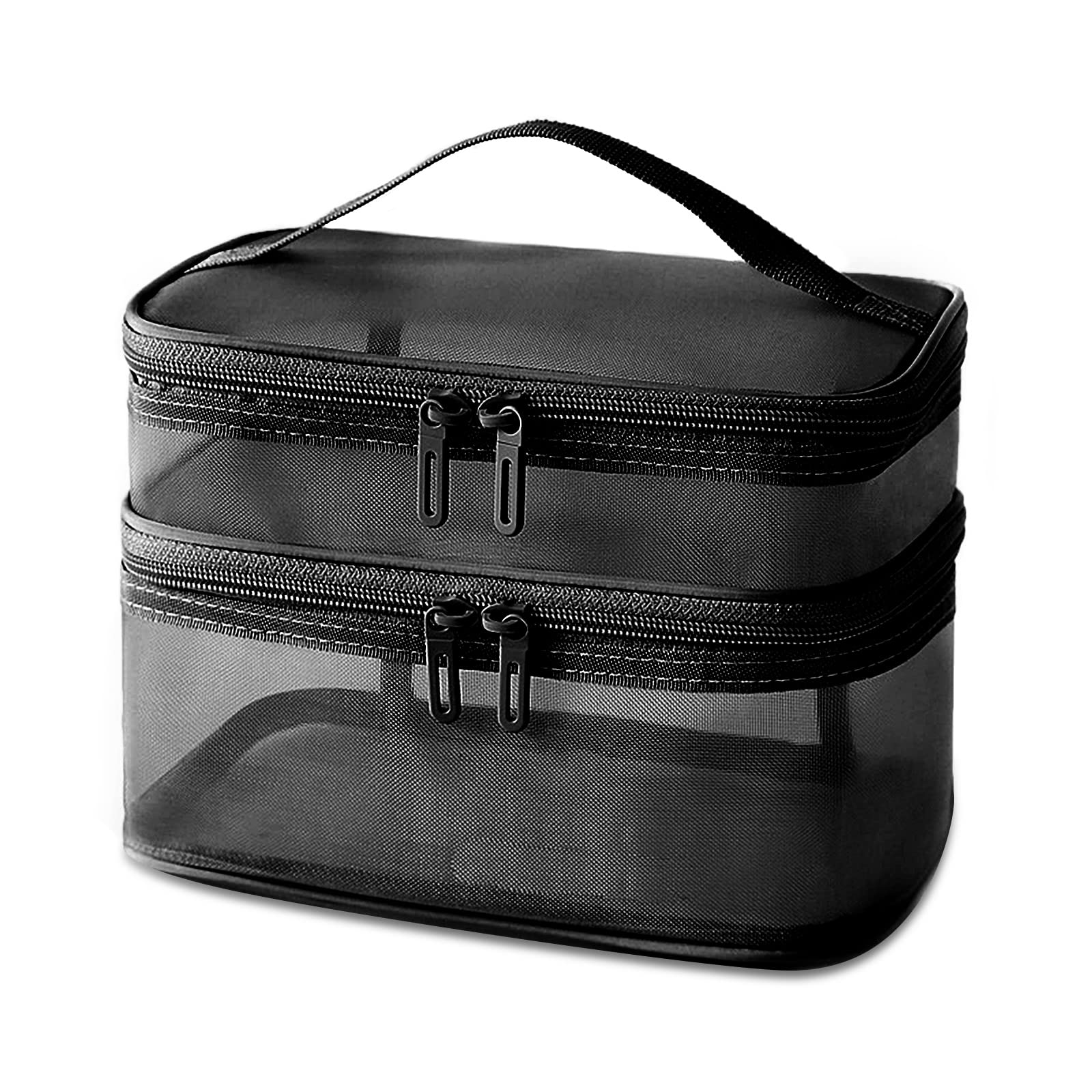 Double Layer Makeup Bag - Large Mesh Travel Cosmetic Pouch with Double Zipper, Waterproof Toiletry Organizer for Makeup Brushes & Essentials (Black) | Perfect for Travel, Gym & Daily Use